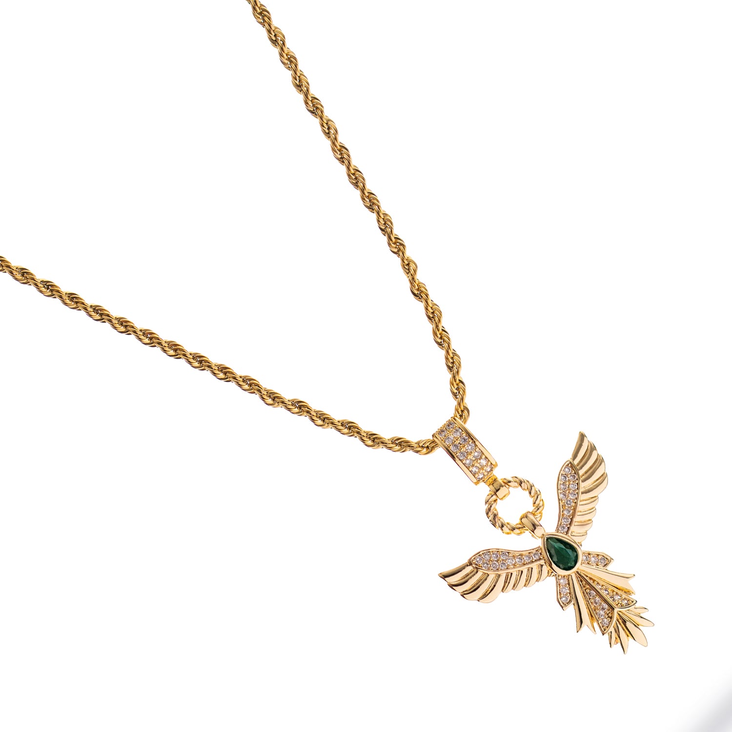 Mythical phoenix charm necklace with gold rope chain