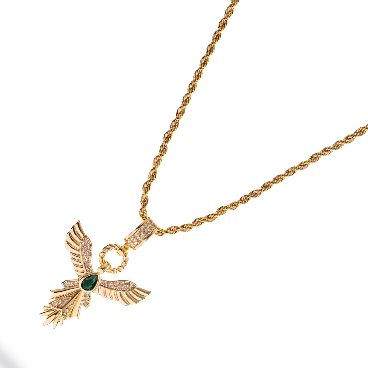 Elegant gold necklace with emerald center and phoenix wings