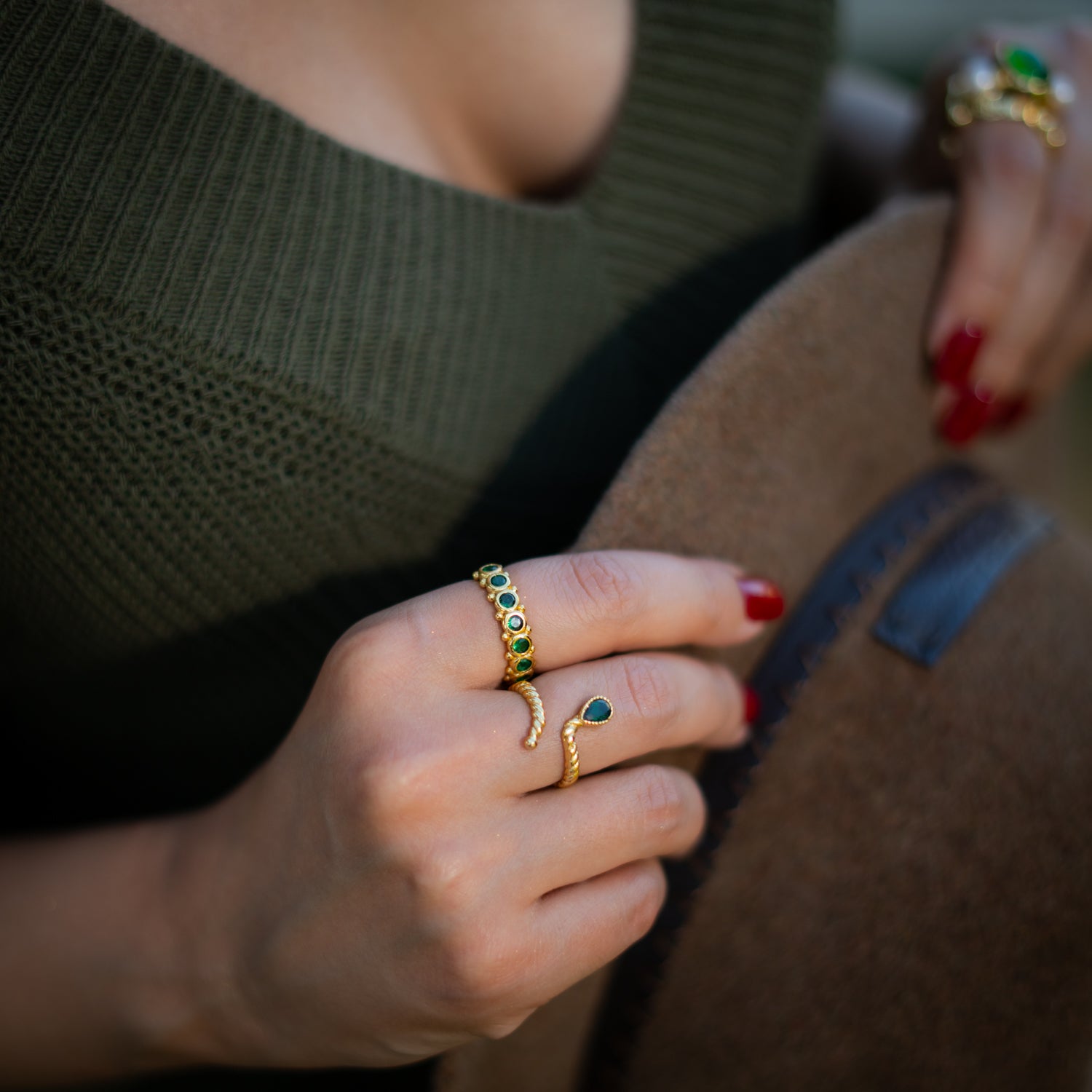 Emerald Teardrop Glow Gold Adjustable Ring