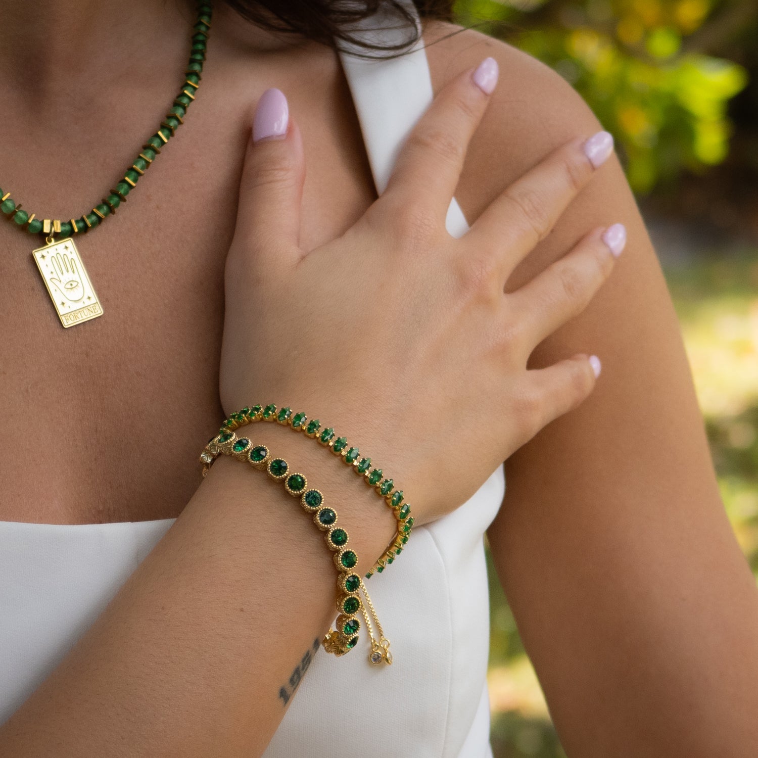 Emerald Stones Set in Silver-Plated Bronze with Mystic Engravings for Growth and Inner Wisdom

