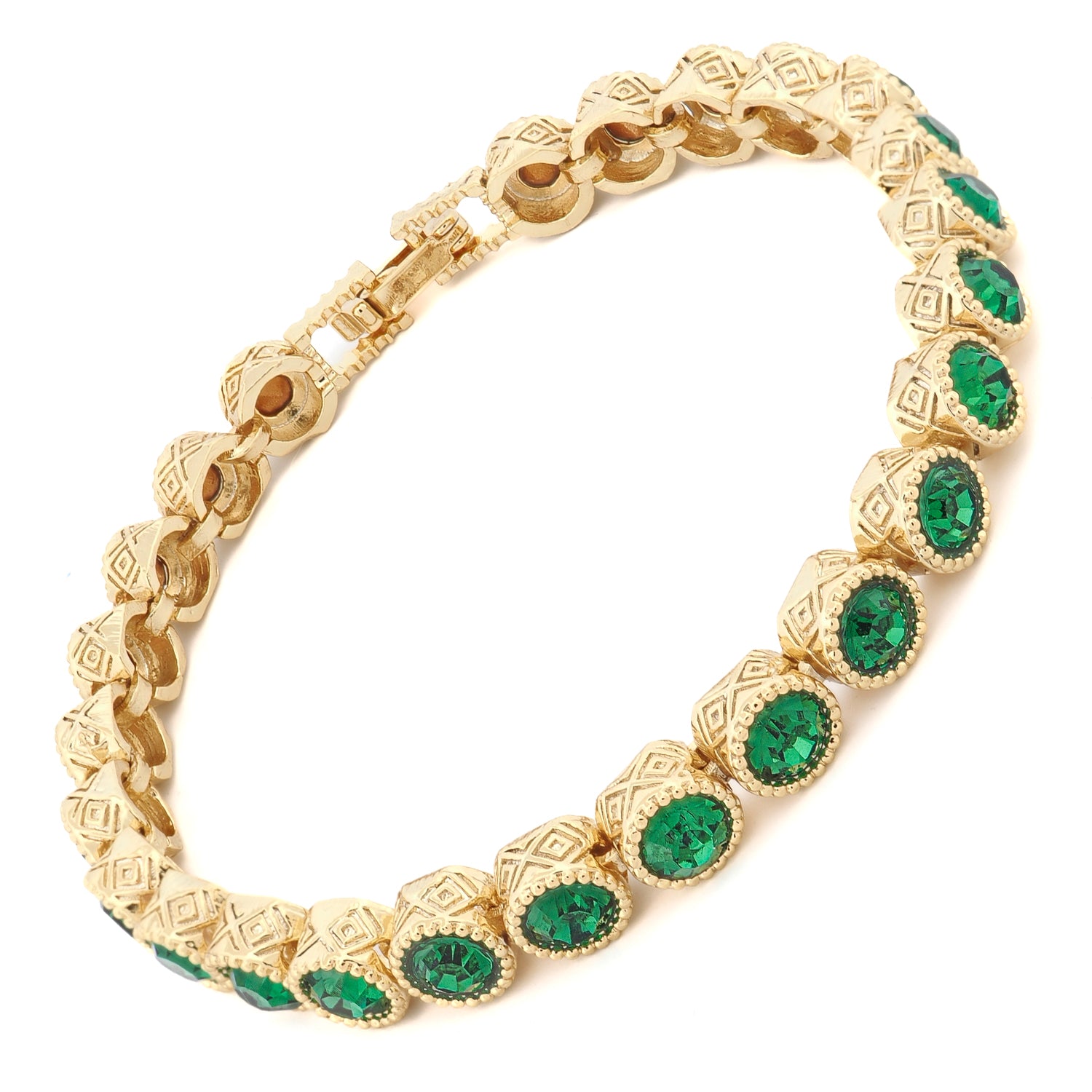 Handmade Emerald Tennis Mystic Bracelet with Gold-Plated Details for Inner Peace and Wisdom

