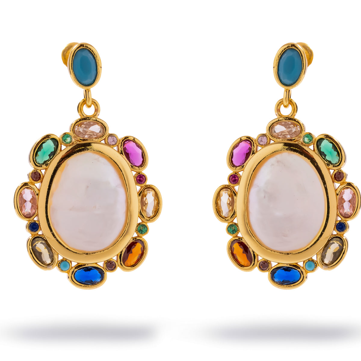 Gold drop earrings with a large baroque pearl ringed by a multicolor gemstone halo, hung from a turquoise cabochon