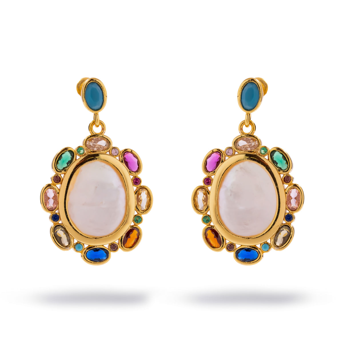Both baroque pearl multicolor gemstone gold drop earrings shown straight on with the turquoise cabochon posts