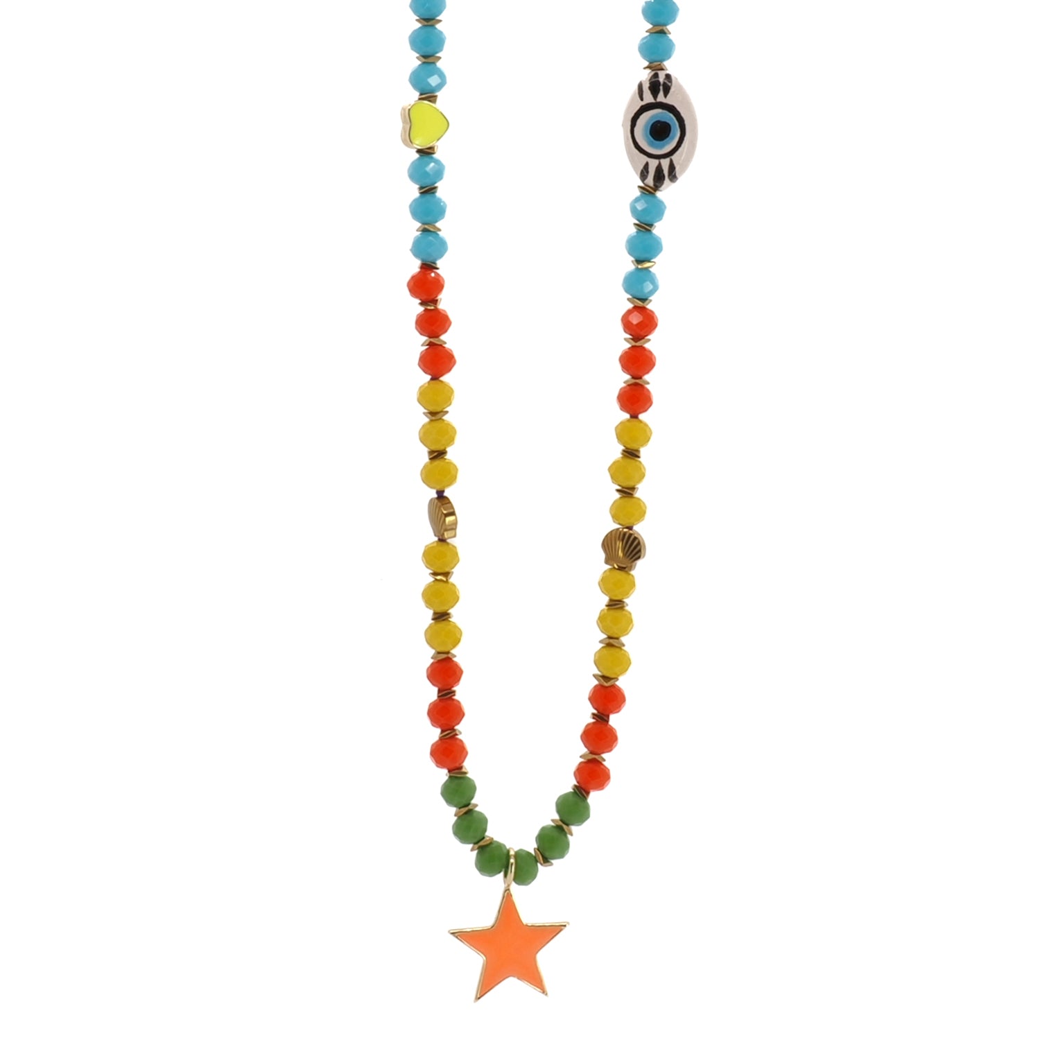 Colorful crystal bead summer necklace with neon star and evil eye beads by Ebru Jewelry