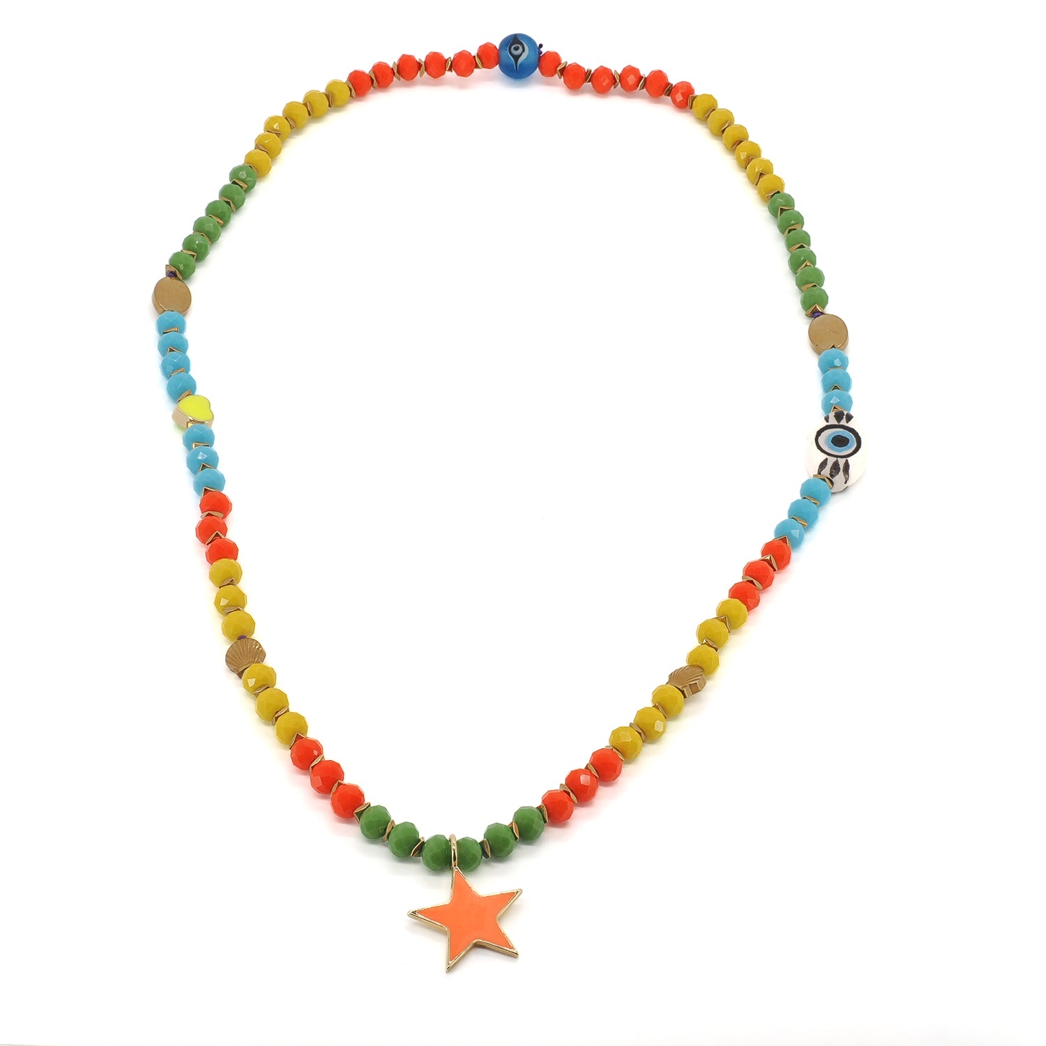 Colorful summer beaded long necklace with ceramic evil eye and neon star by Ebru Jewelry