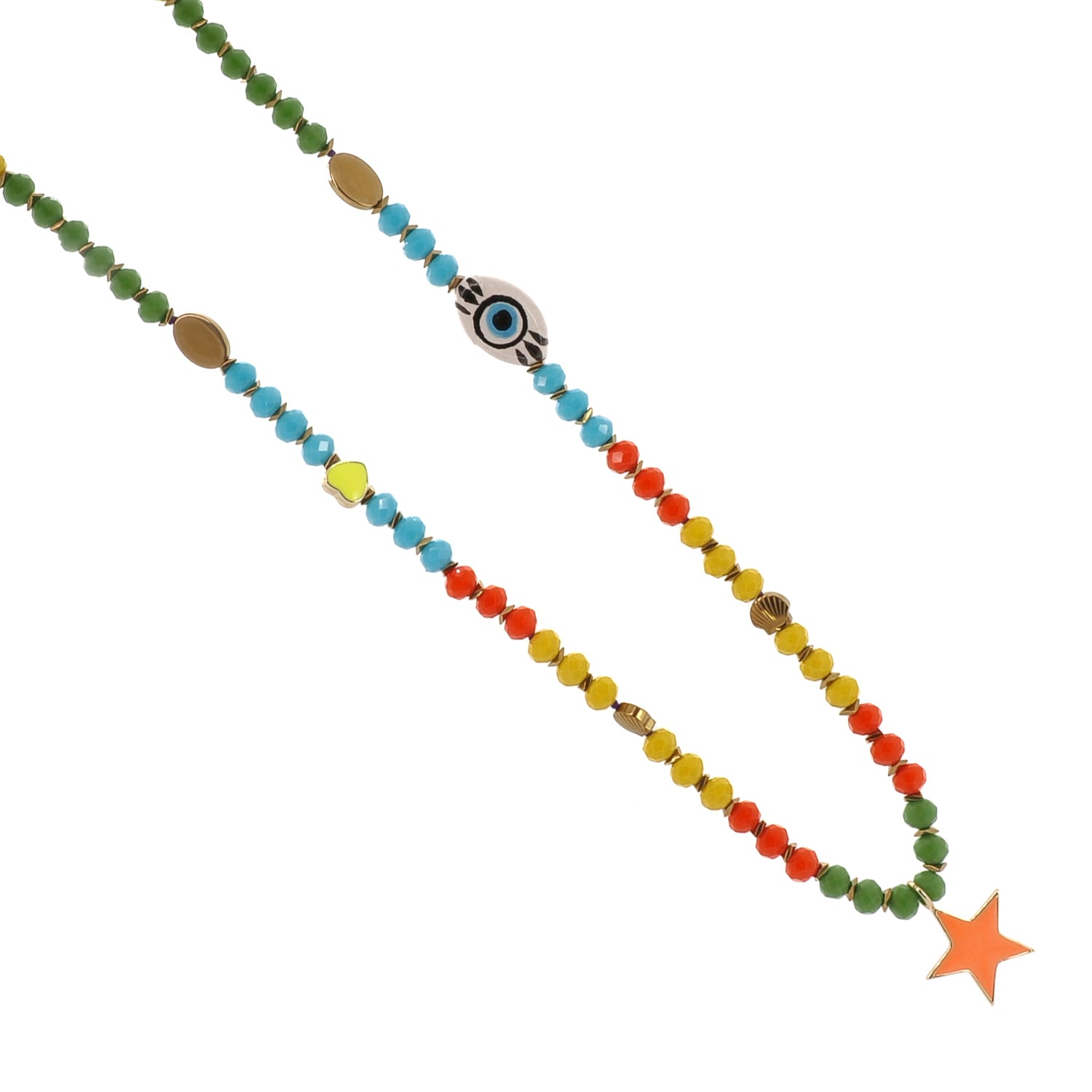 Endless Summer star beaded necklace with rainbow crystal beads and gold hematite spacers