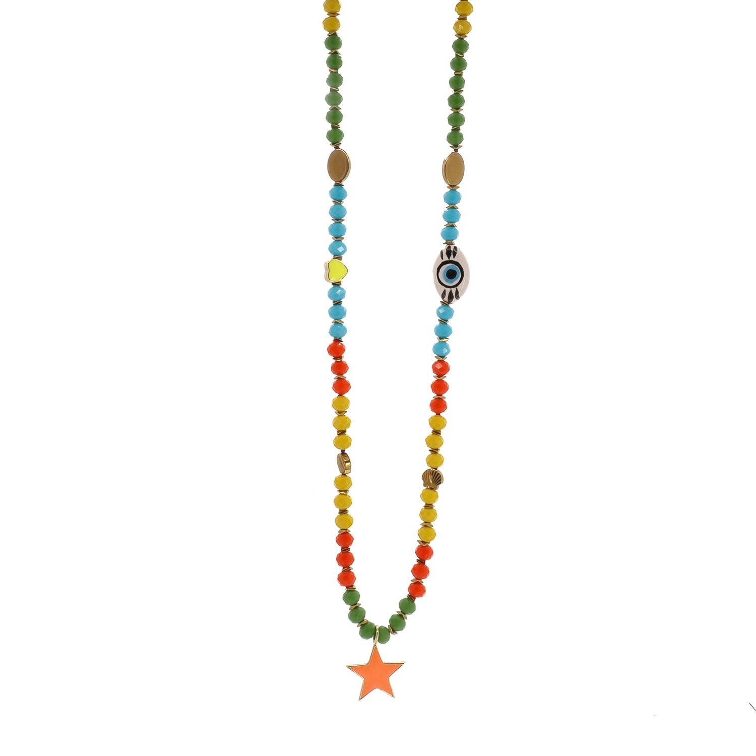 Hand-strung multicolour beaded long necklace with neon orange star pendant, Ebru Jewelry