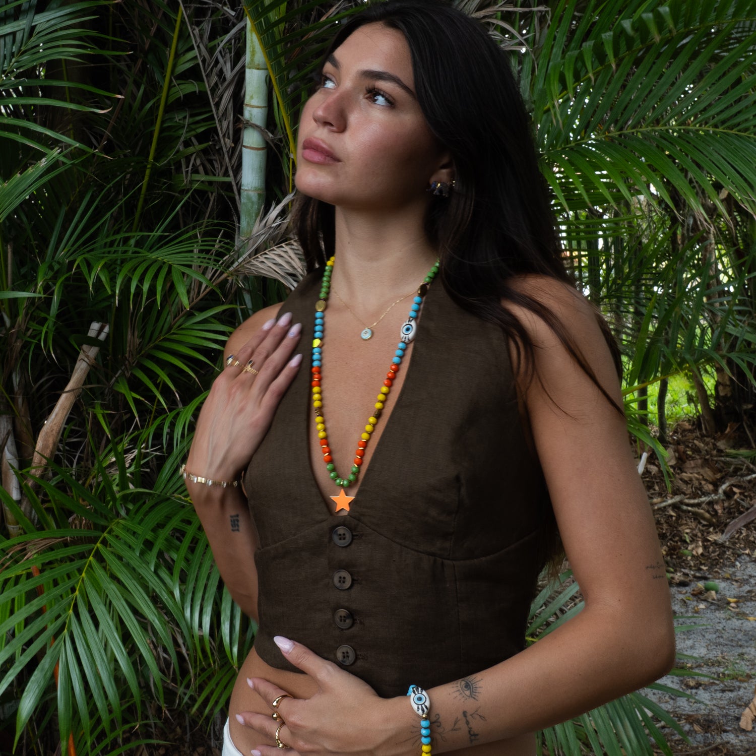Endless Summer star beaded long necklace, joyful layered summer look by Ebru Jewelry