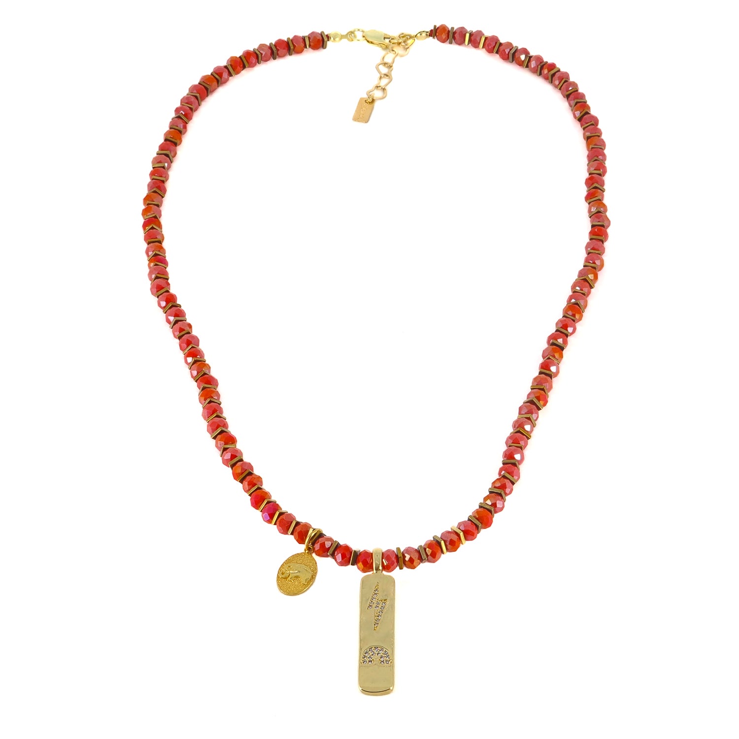 20" necklace with 18K gold-plated lightning bolt and sterling silver elephant charm.

