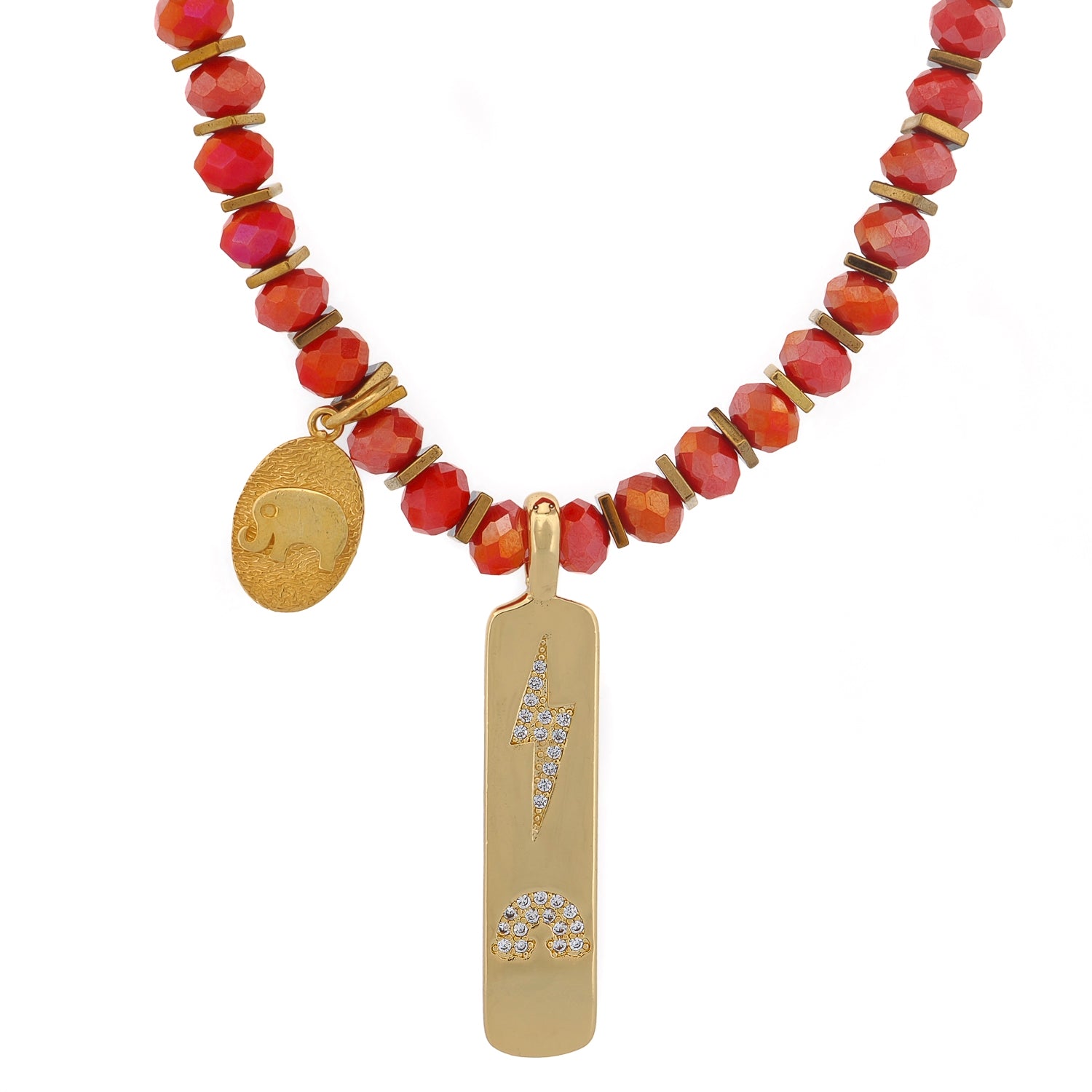 Energy Spirit Necklace with orange crystal beads and gold-plated lightning pendant.

