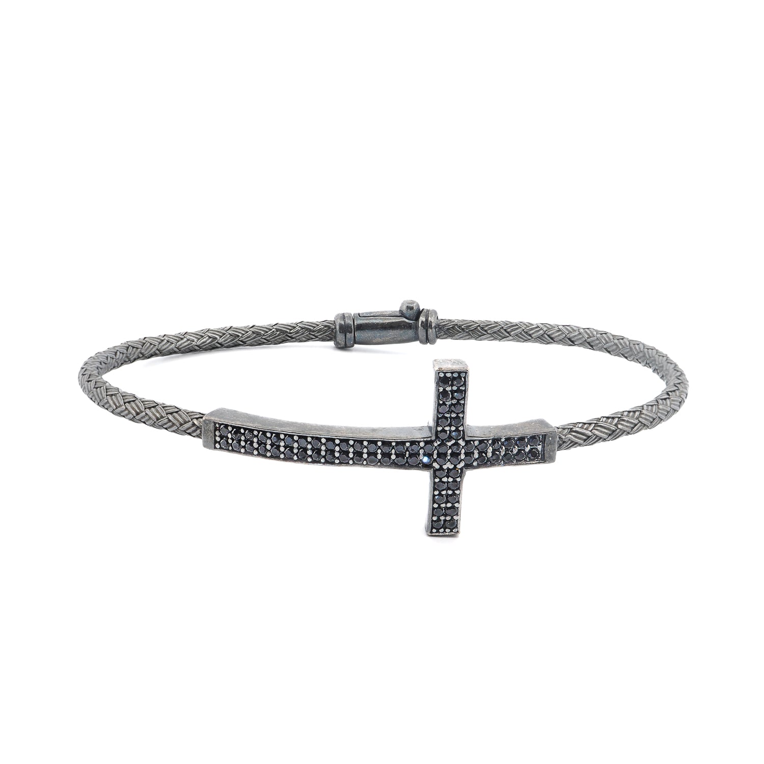 Black braided bracelet with a cross charm on a white background