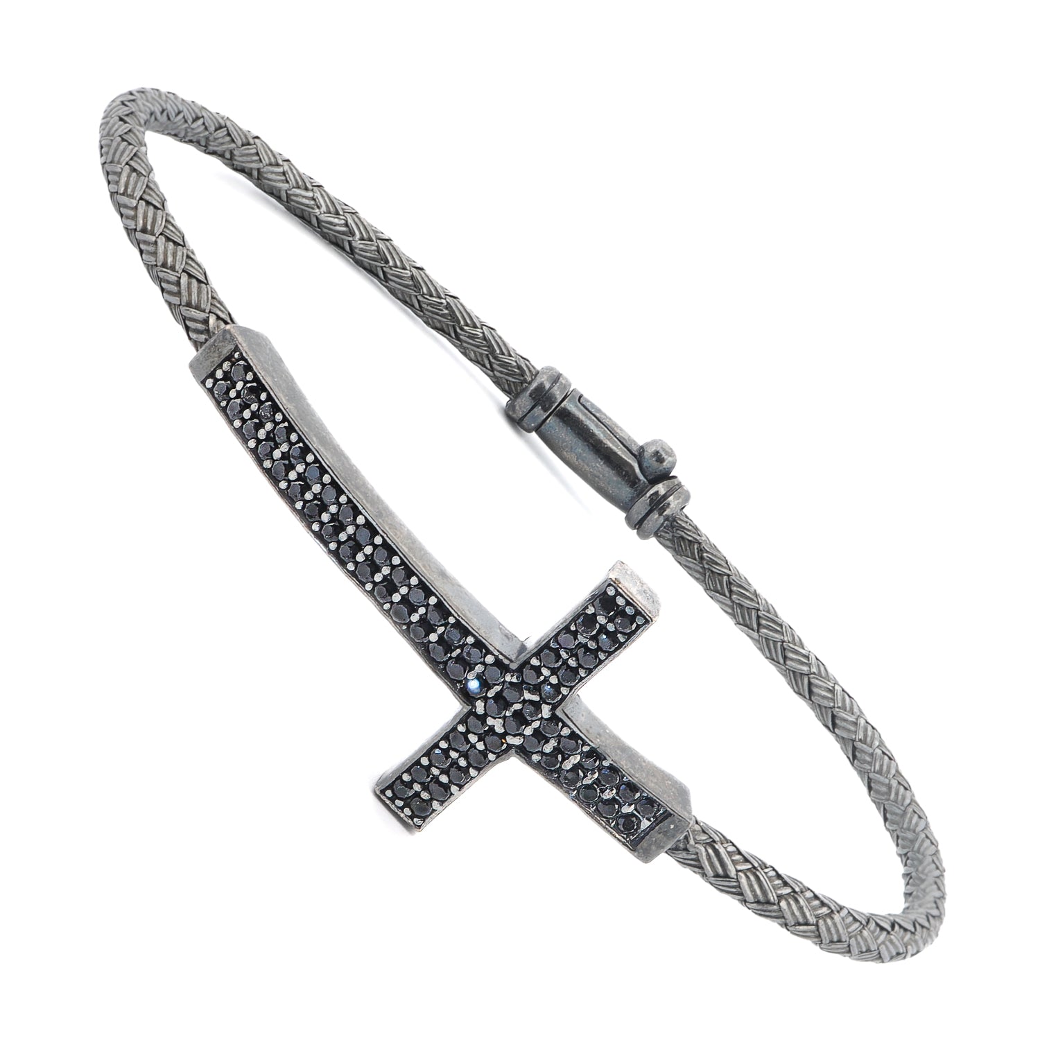 Bracelet with braided design and cross pendant on a white background