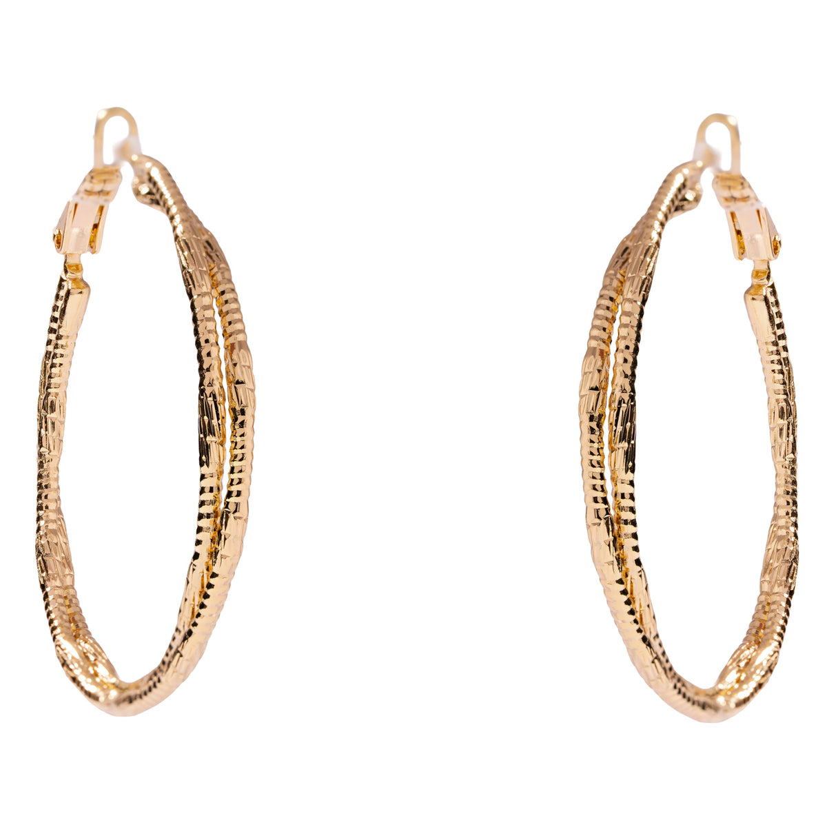 Pair of Eternal Twist double strand gold hoop earrings shown straight on against a white background, 1.6 inch diameter
