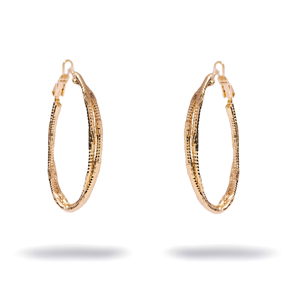 Pair of Eternal Twist double strand gold hoop earrings at a slight angle on a white background, two ridged strands wound into one hoop
