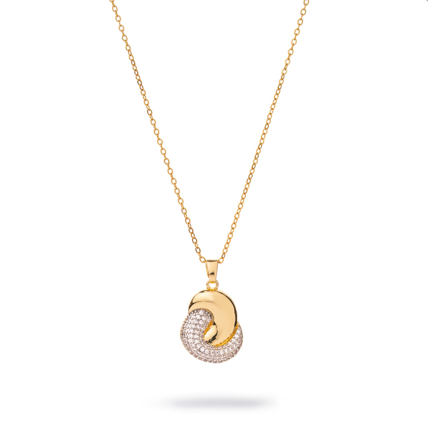 Gold twist pendant gold necklace with half polished metal and half pavé CZ diamonds on a delicate gold chain.
