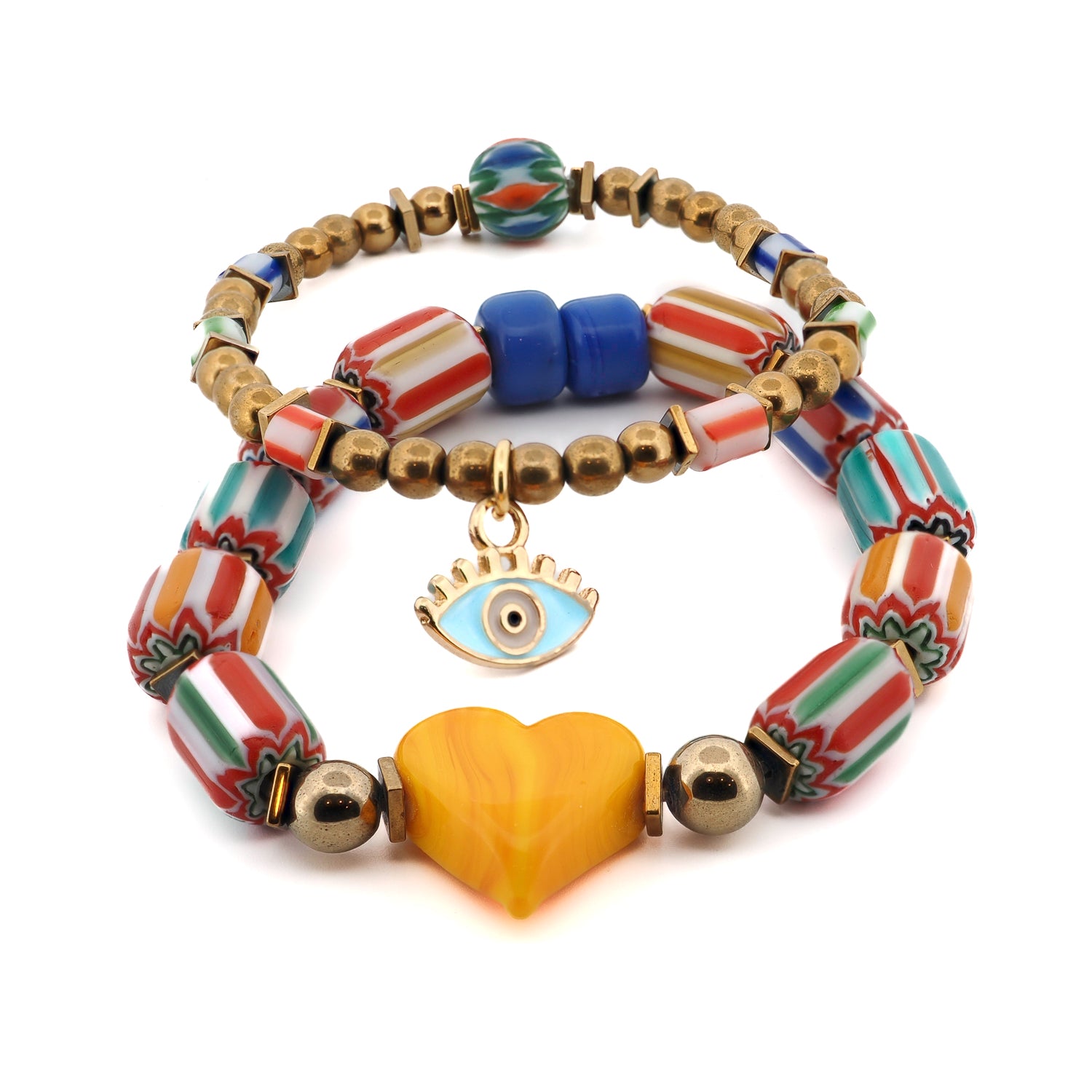 Evil Eye Blessings & Beaded Love Bracelet Set with yellow heart and enamel charm.

