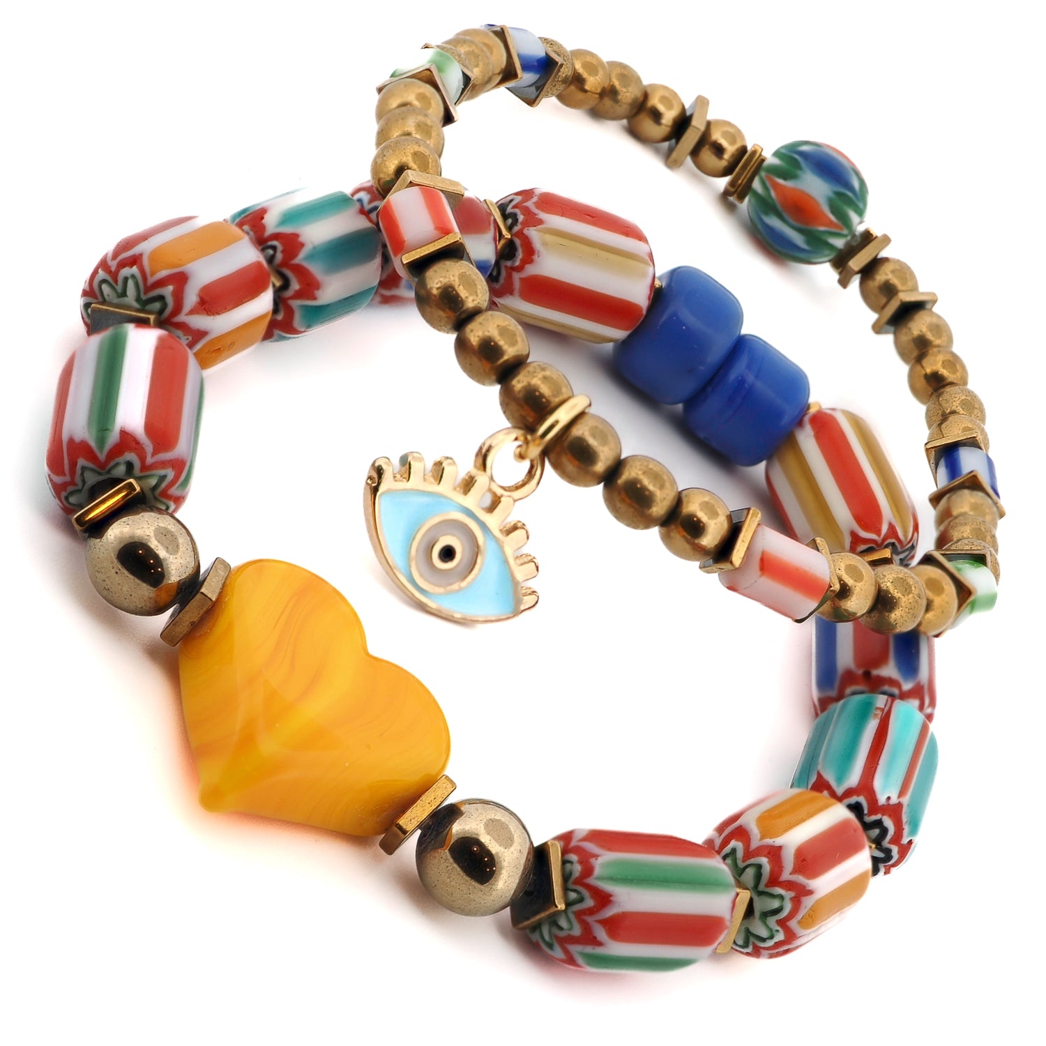 African-style beaded bracelet with sunny yellow heart and gold hematite accents.


