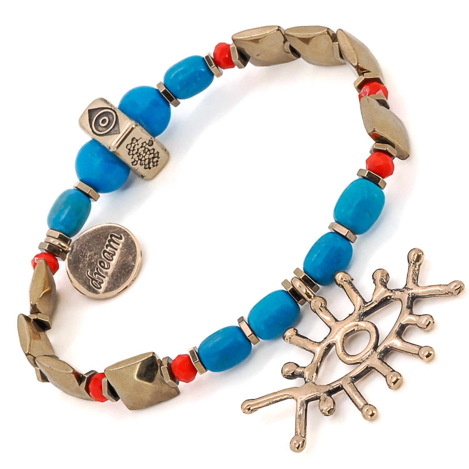 The Evil Eye Dream Bracelet, a handmade piece of jewelry with turquoise beads, an evil eye charm, and a dream symbol charm.
