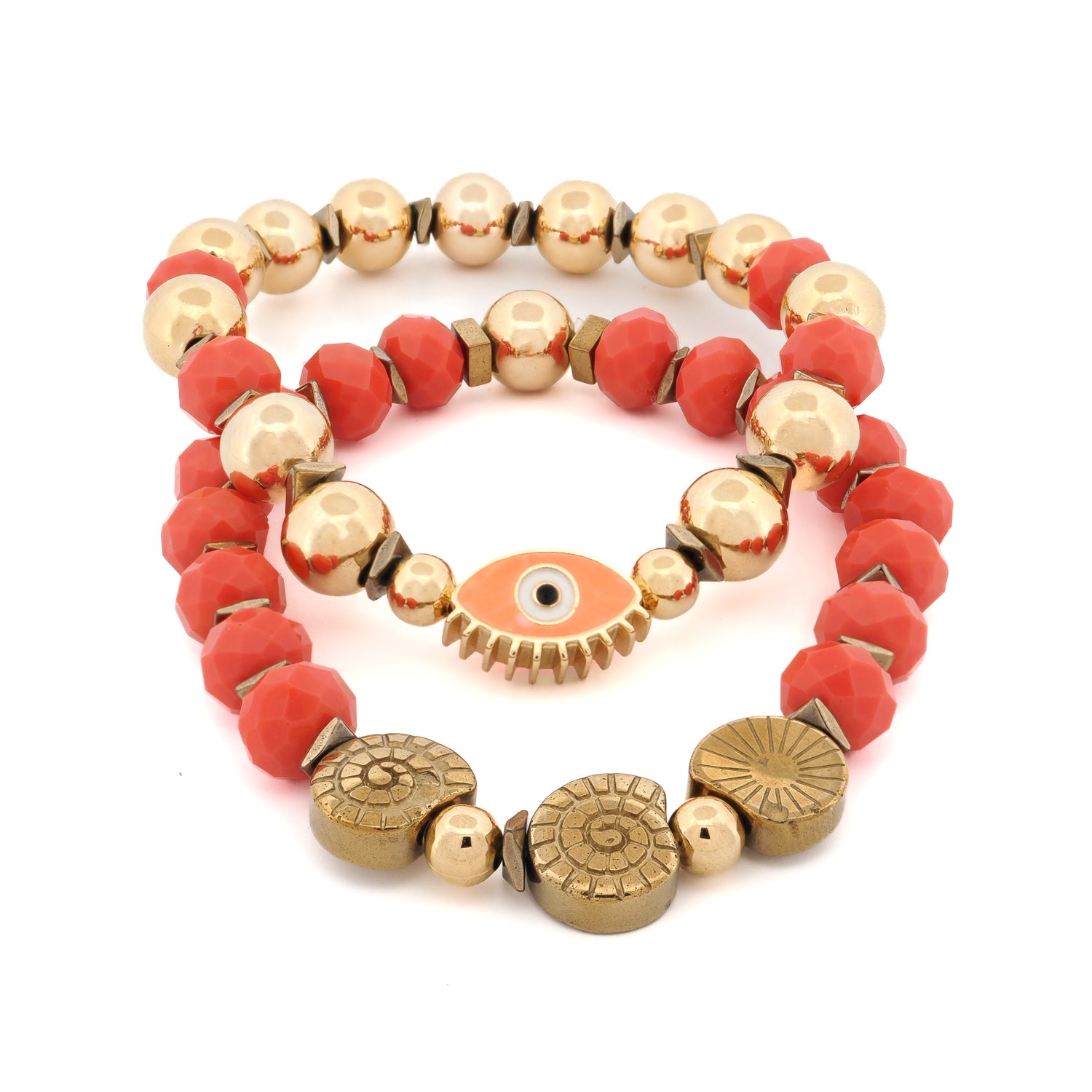 Evil Eye and shell gold beaded protection bracelet set with orange crystal beads on white background

