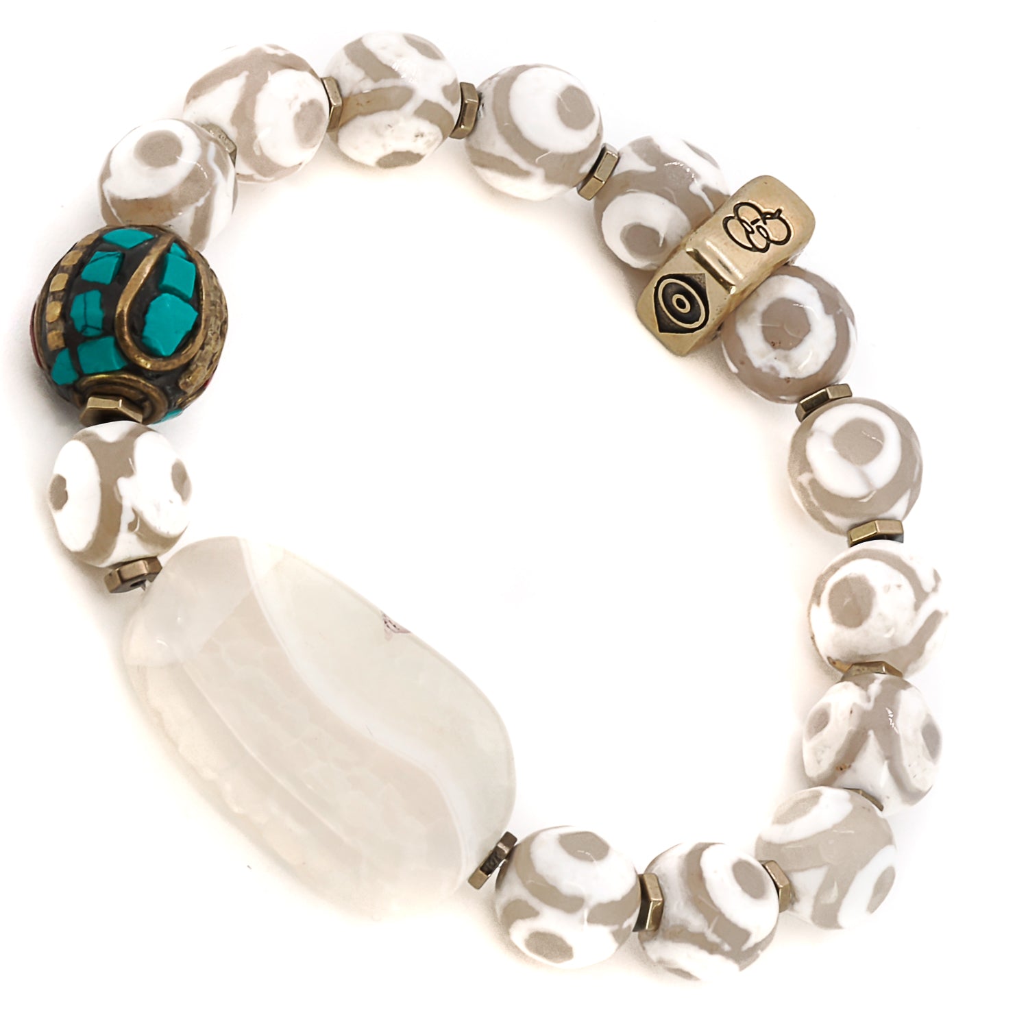 Unique Eye of Nepal Bracelet - Handcrafted accessory with healing white Nepal agate, vibrant green agate, and meaningful bronze symbol beads