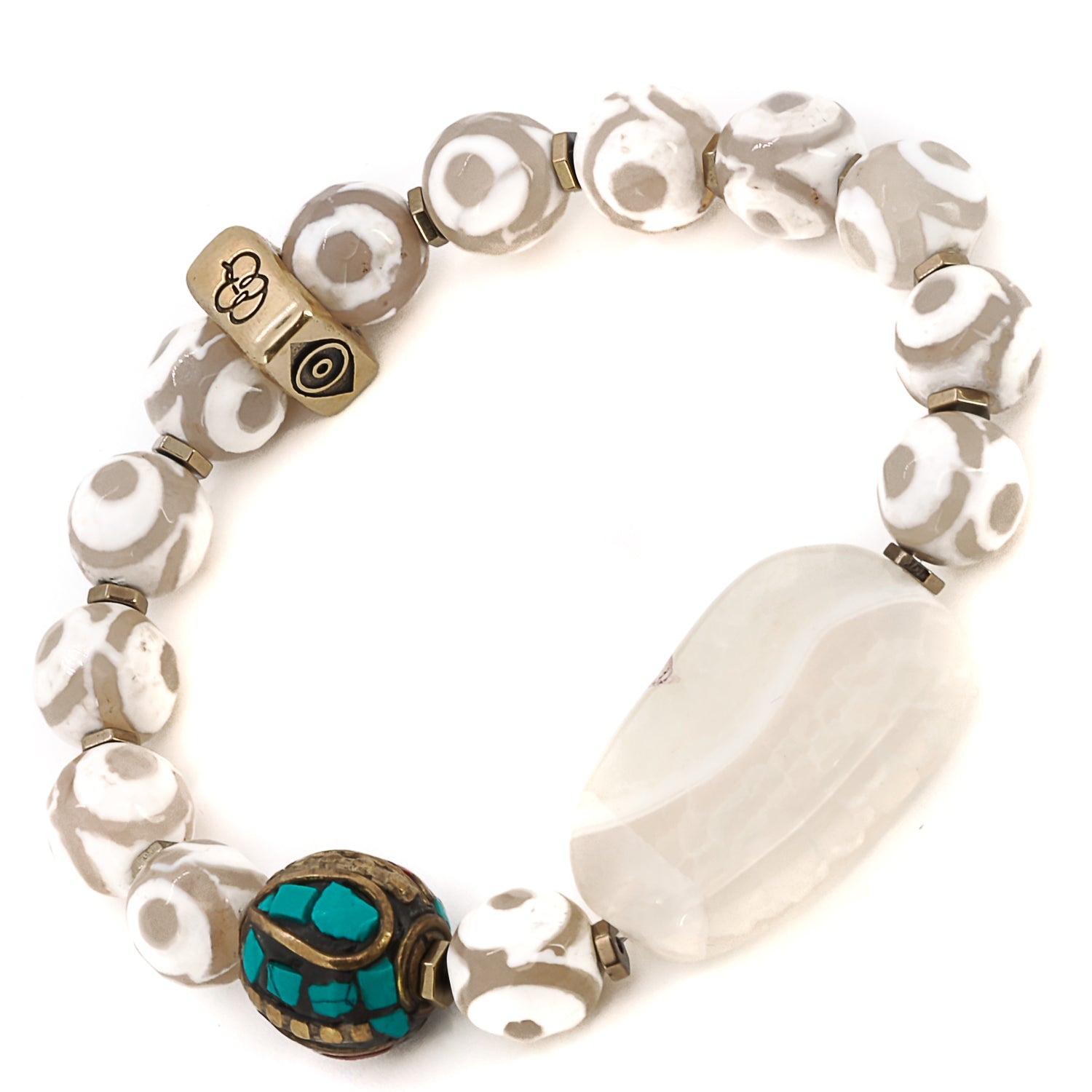 Stunning Eye of Nepal Bracelet - A blend of natural elements and powerful symbols, including white Nepal agate, green agate, and protective bronze symbols.