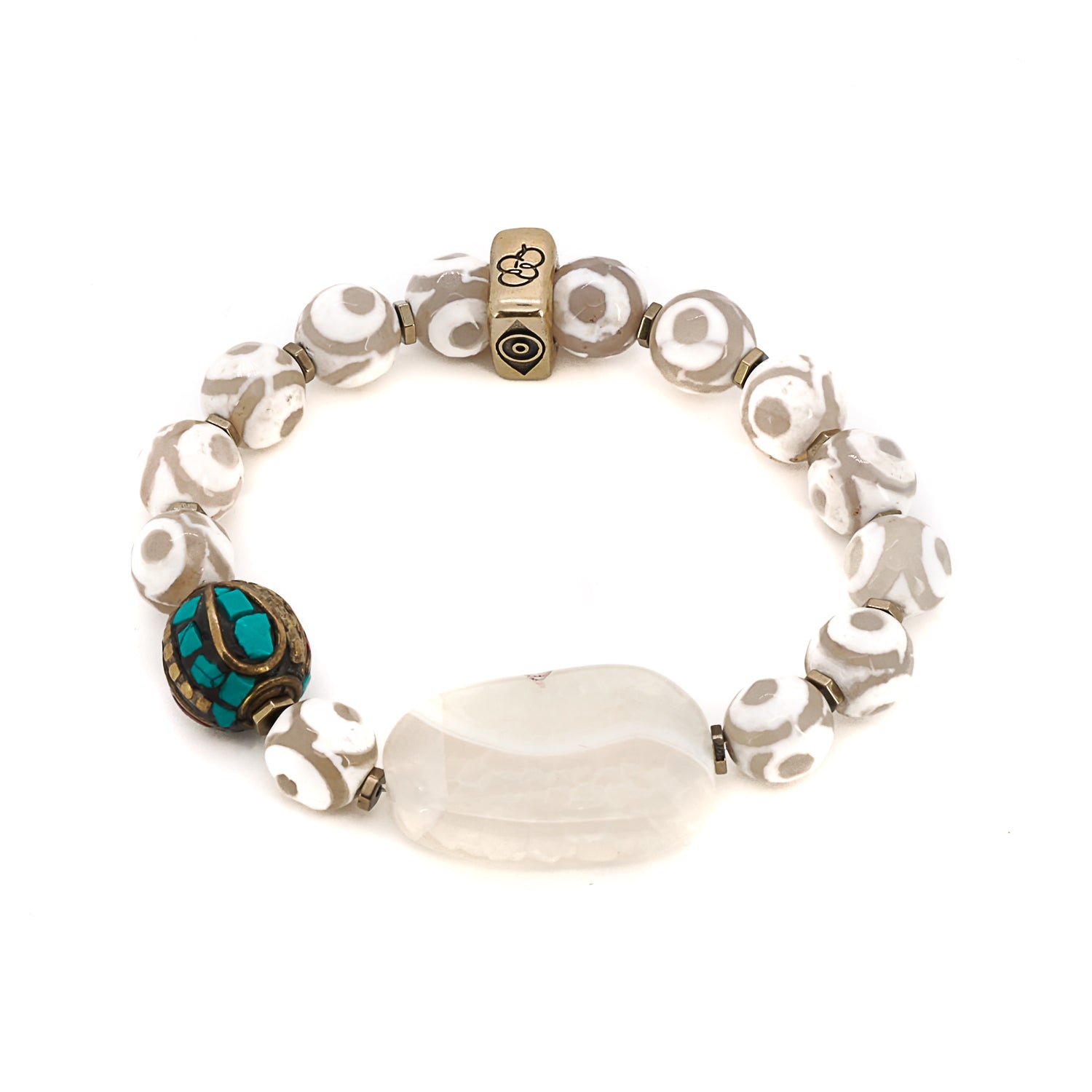 Eye of Nepal Bracelet - Handmade jewelry featuring white Nepal agate and green agate beads, adorned with powerful bronze symbol beads."
