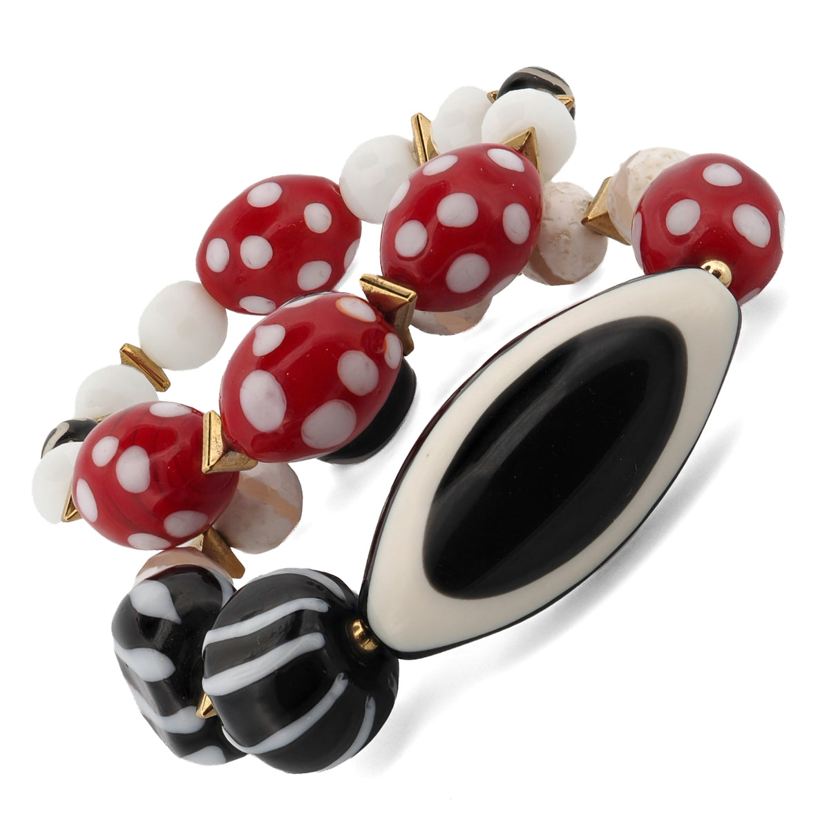 Close view of the Eye See You Agate Beaded Bracelet Set, red polka dot glass beads beside the oval black and white evil eye bead