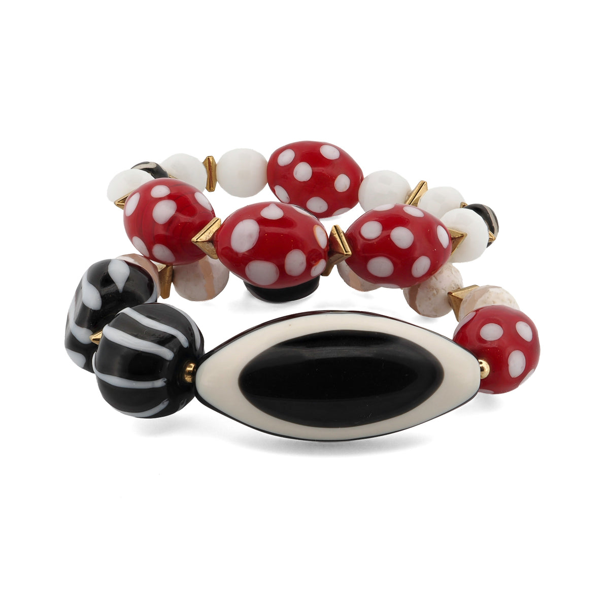 Eye See You Agate Beaded Bracelet Set, two handmade bracelets with red polka dot glass beads, white Nepal agate and an oversized black and white evil eye bead