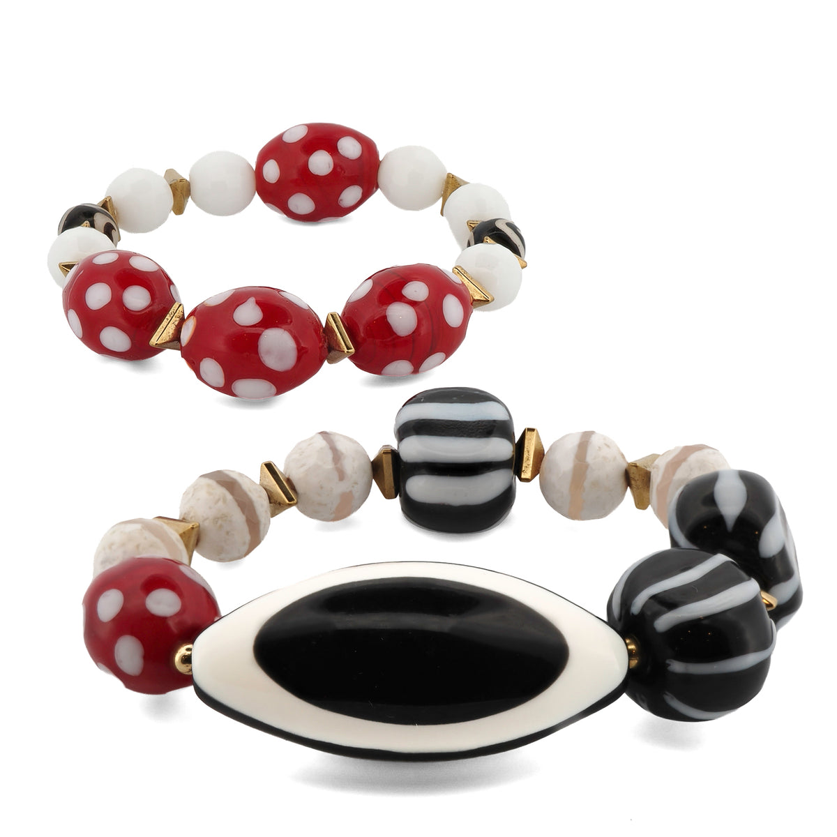Both bracelets of the Eye See You Agate Beaded Bracelet Set shown separately, one red polka dot and one with the evil eye bead and striped glass beads
