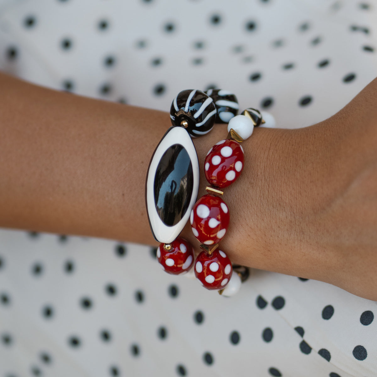 Eye See You Agate Beaded Bracelet Set worn on the wrist, the oversized black and white evil eye bead sitting at the center of the stack