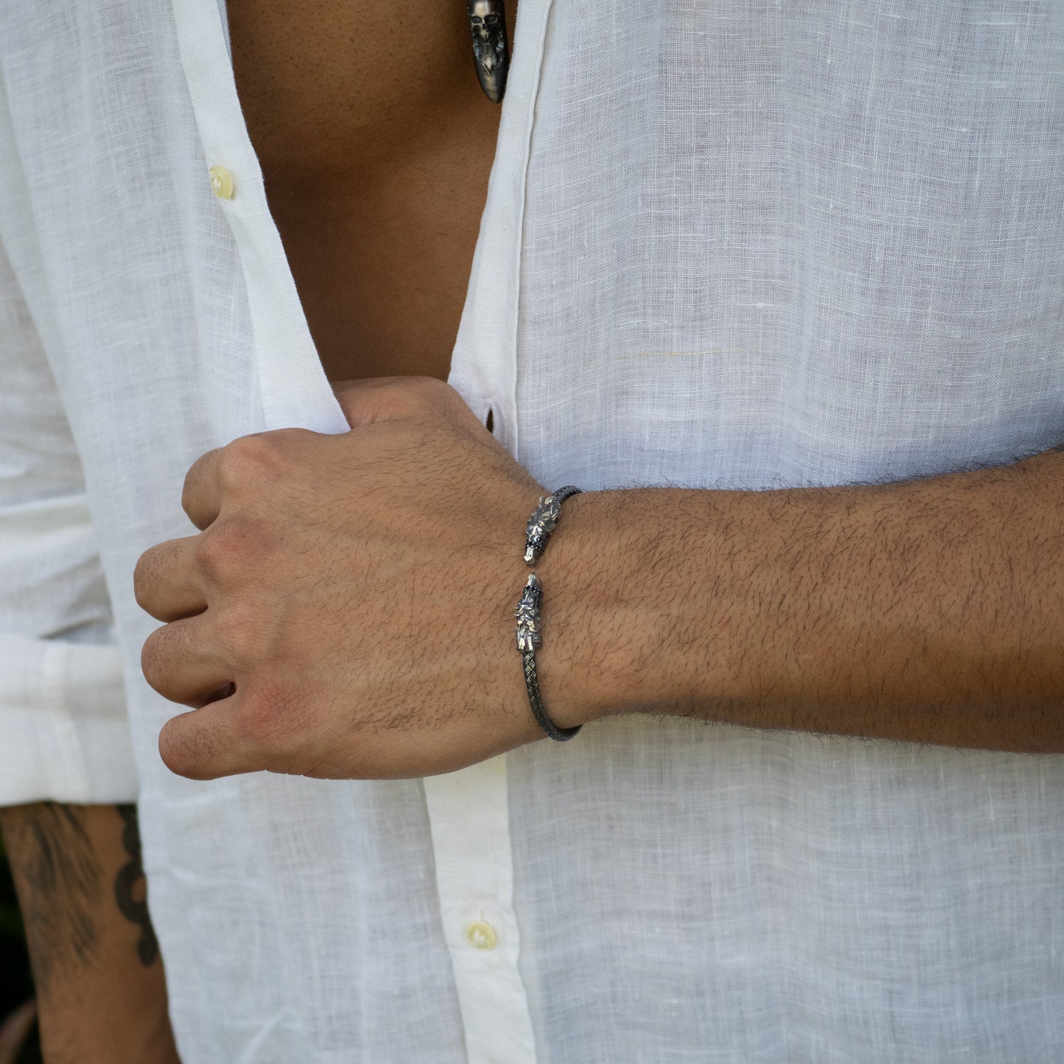 Fierce Twin Dragon Men’s Sterling Silver Adjustable Bracelet