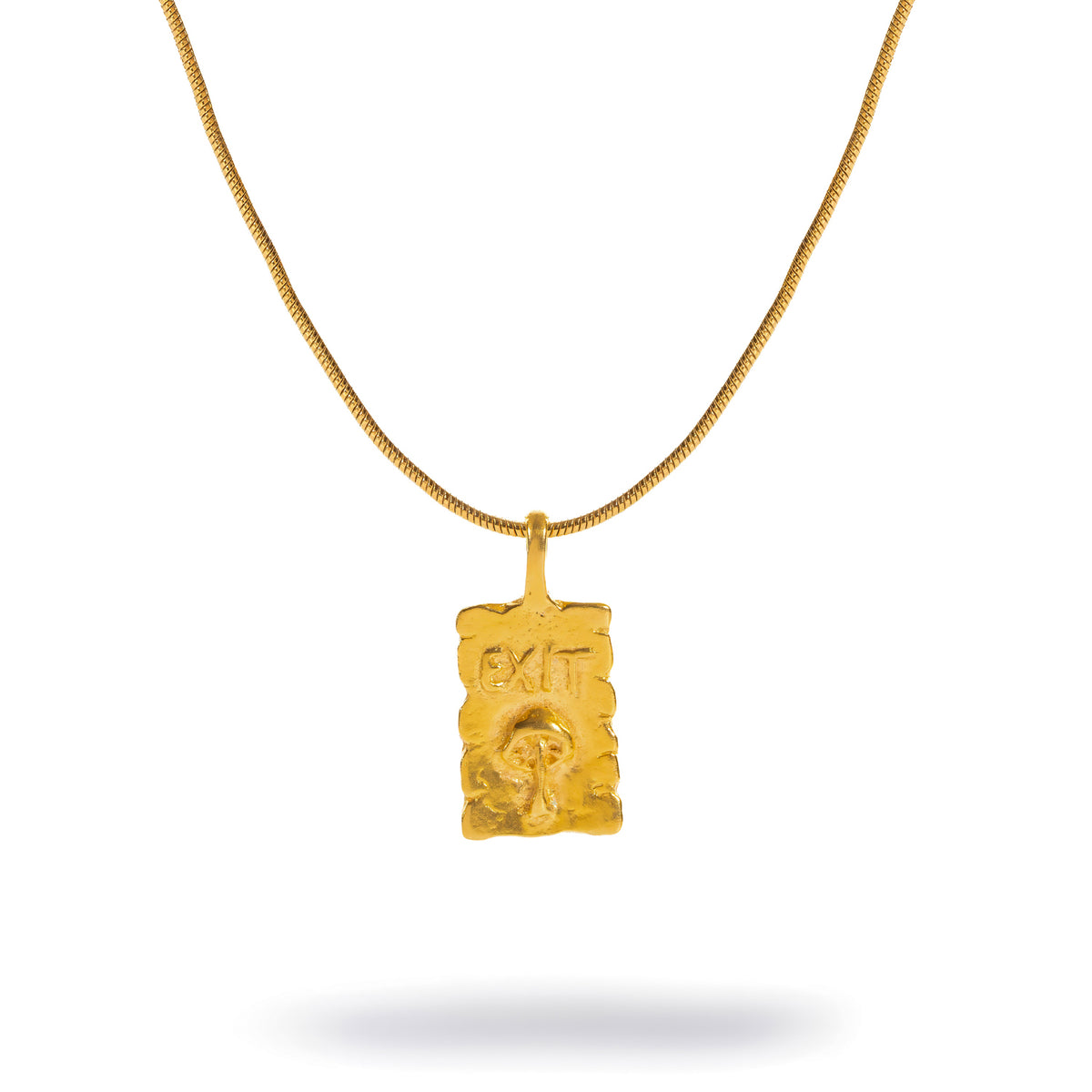 Find Your Way Exit Engraved Gold Pendant Necklace, hand worked rectangular pendant engraved EXIT above a sculptural figure