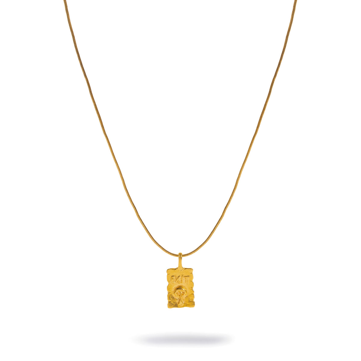 Full view of the Find Your Way Exit gold pendant necklace on its snake chain