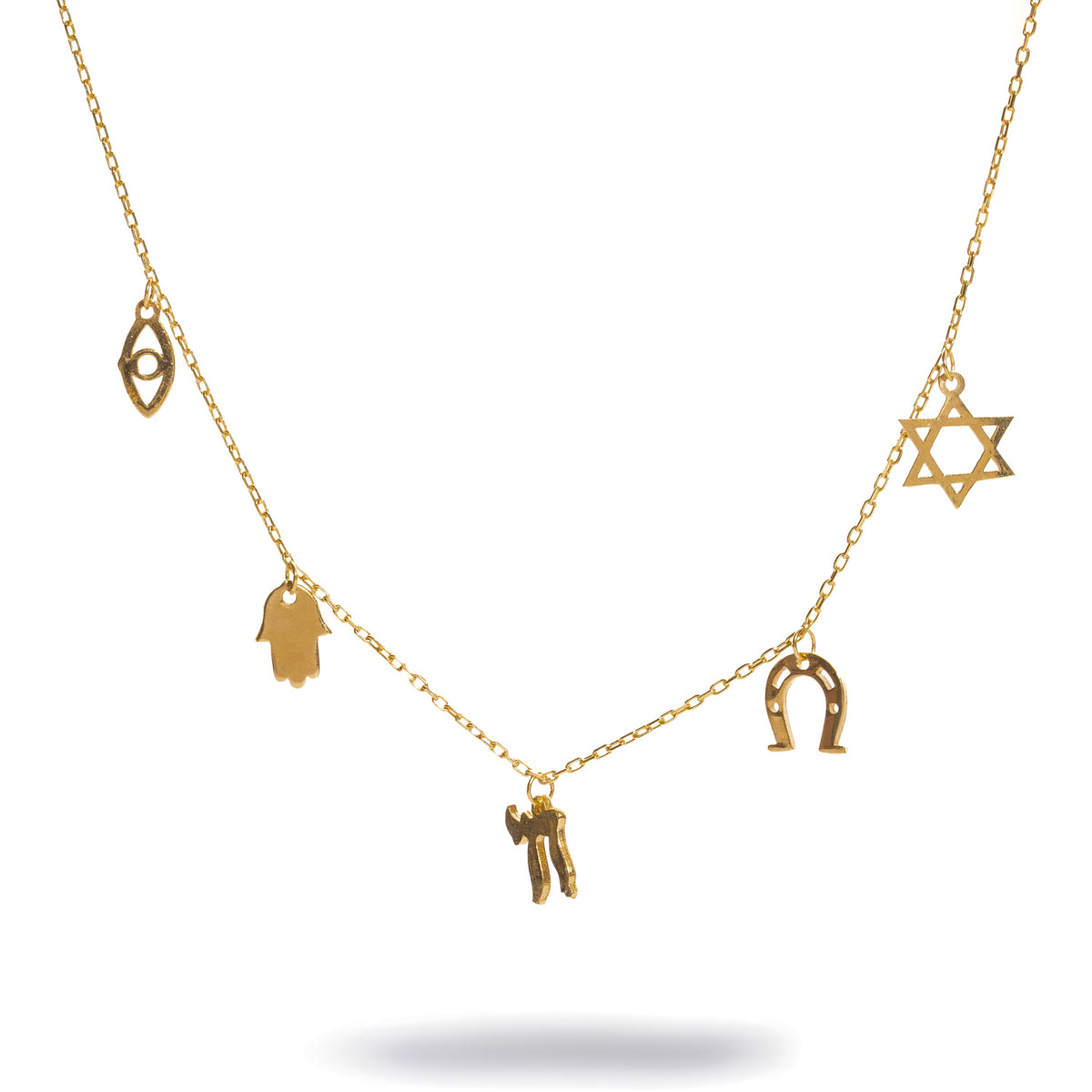 Five Guardians Star of David Protection Gold Charm Necklace with protective eye, Hamsa, Chai, horseshoe and Star of David charms