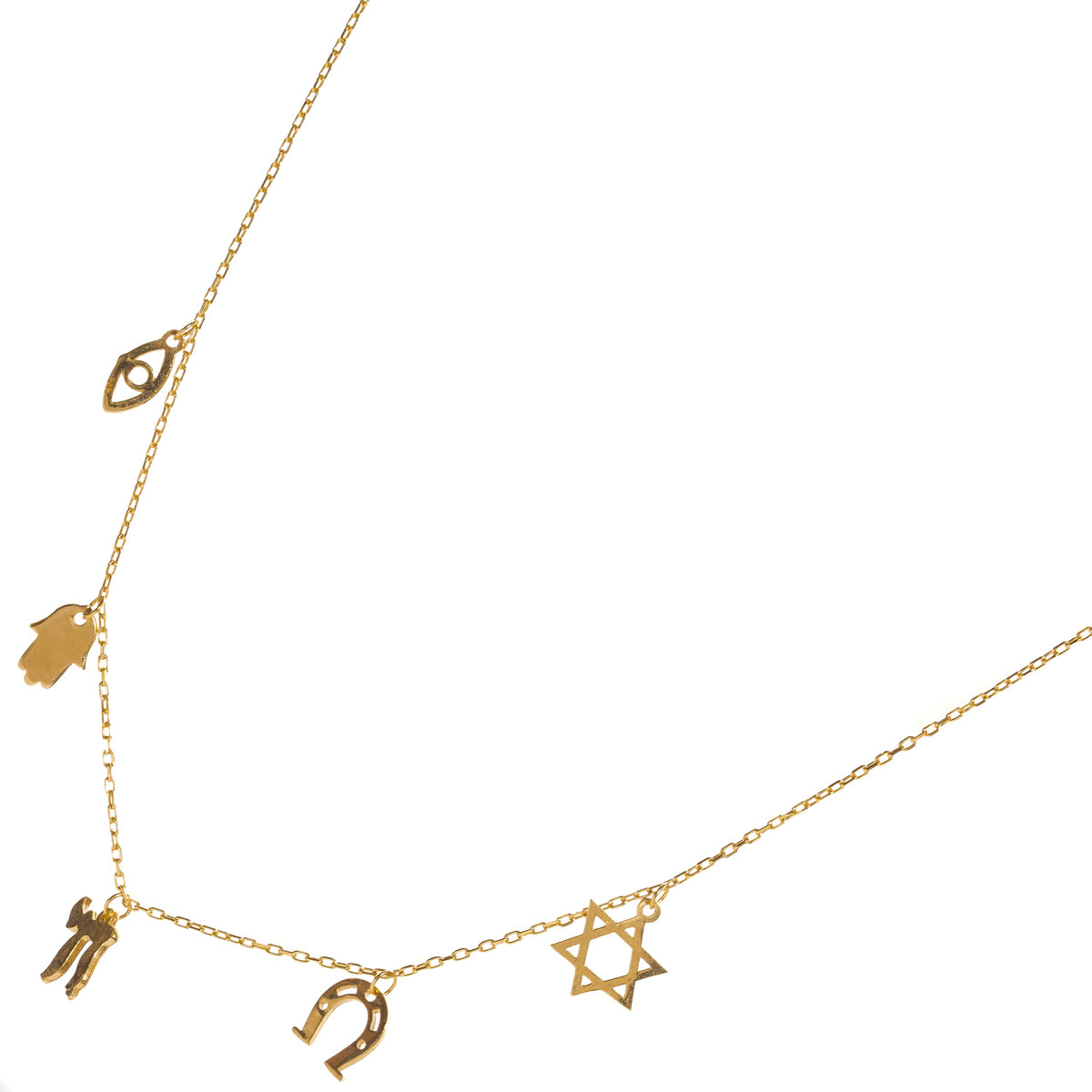 Five Guardians gold charm necklace at an angle, showing the open Star of David and horseshoe charms