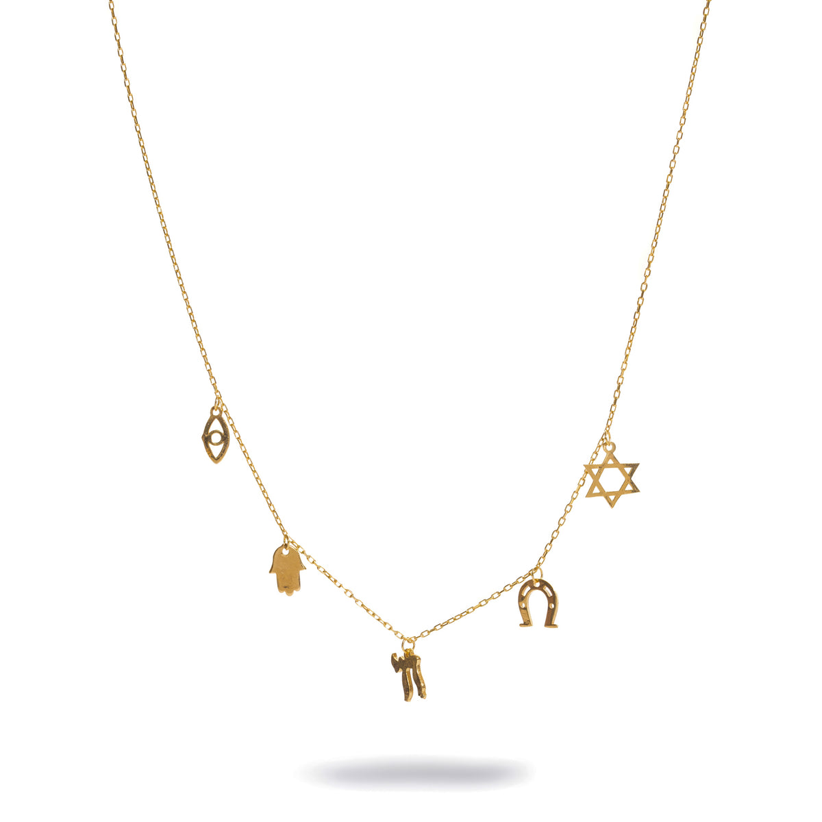 Full view of the Five Guardians Star of David gold charm necklace on a fine cable chain