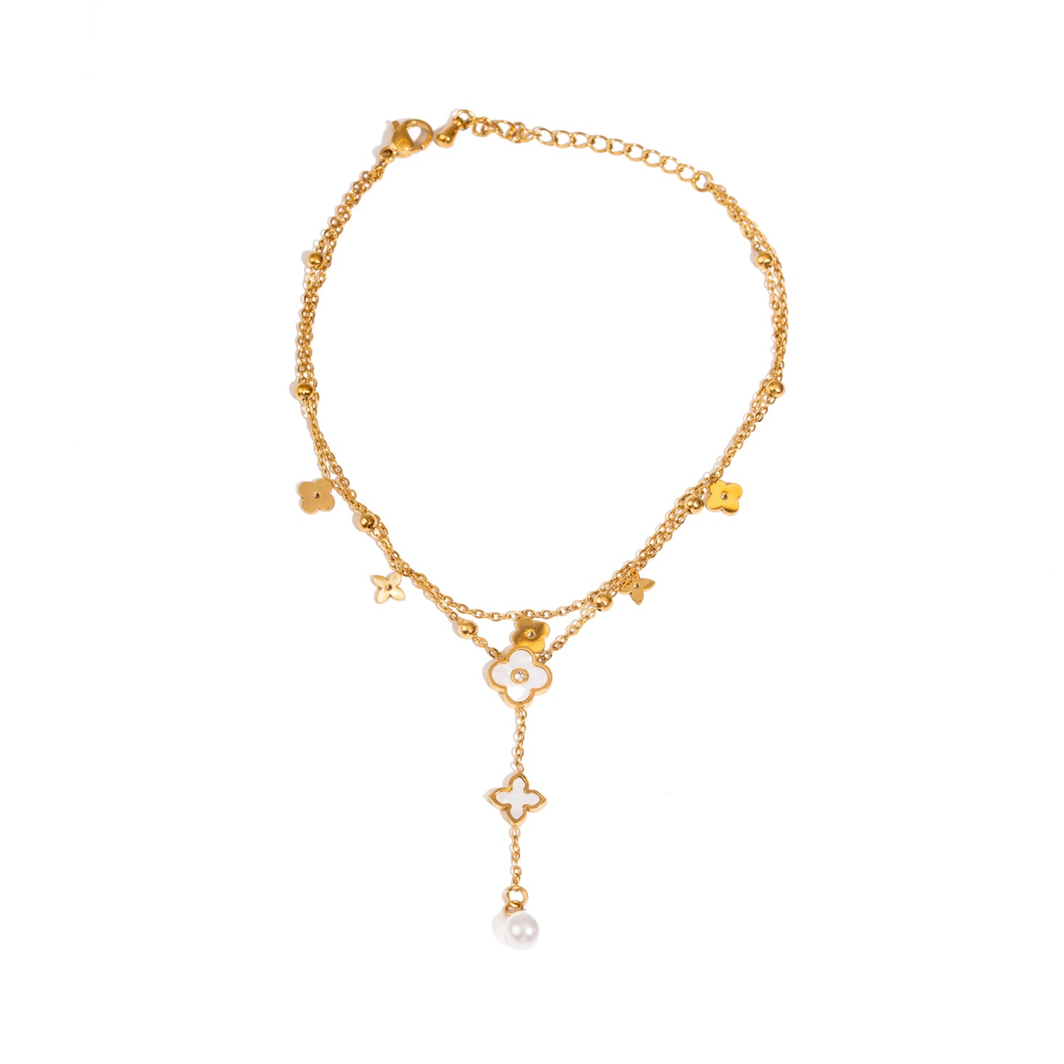 Gold-plated anklet with dainty flower and pearl charm design