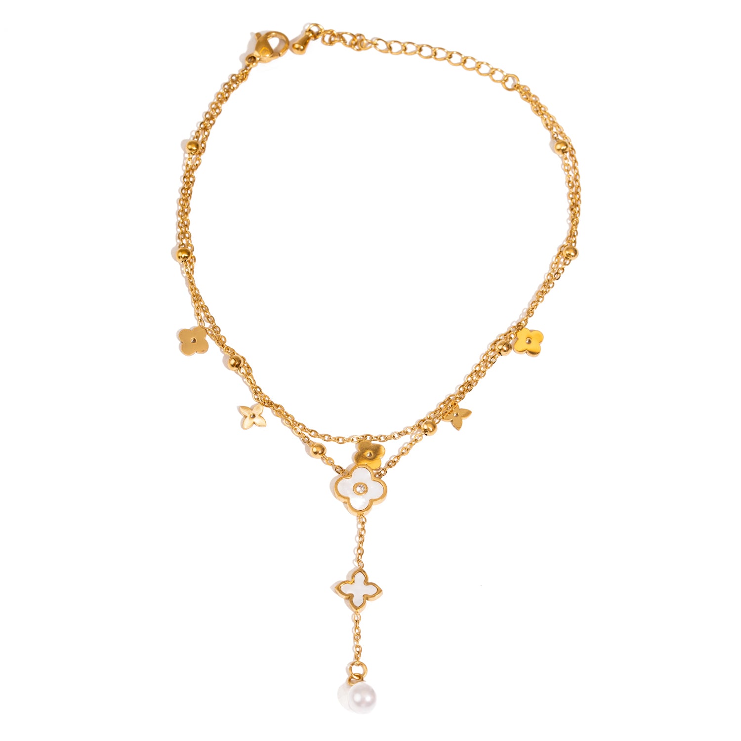 Gold anklet with double chain and natural pearl floral charms