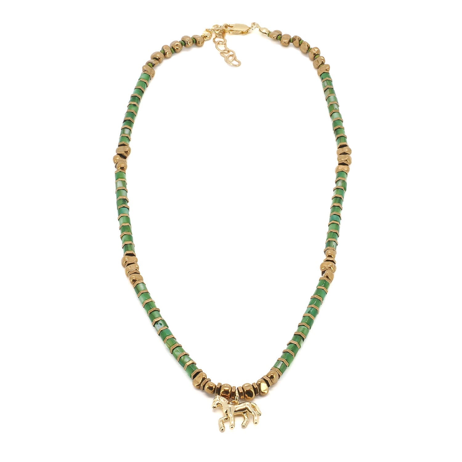 Free Spirit horse charm choker necklace in green pearl beads with 18k gold horse pendant by Ebru Jewelry