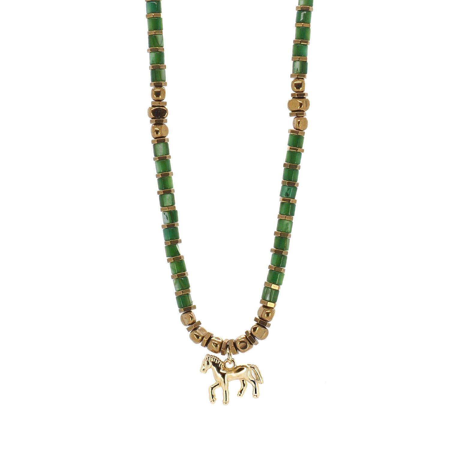 Green pearl beaded choker necklace with gold hematite spacers and horse charm pendant