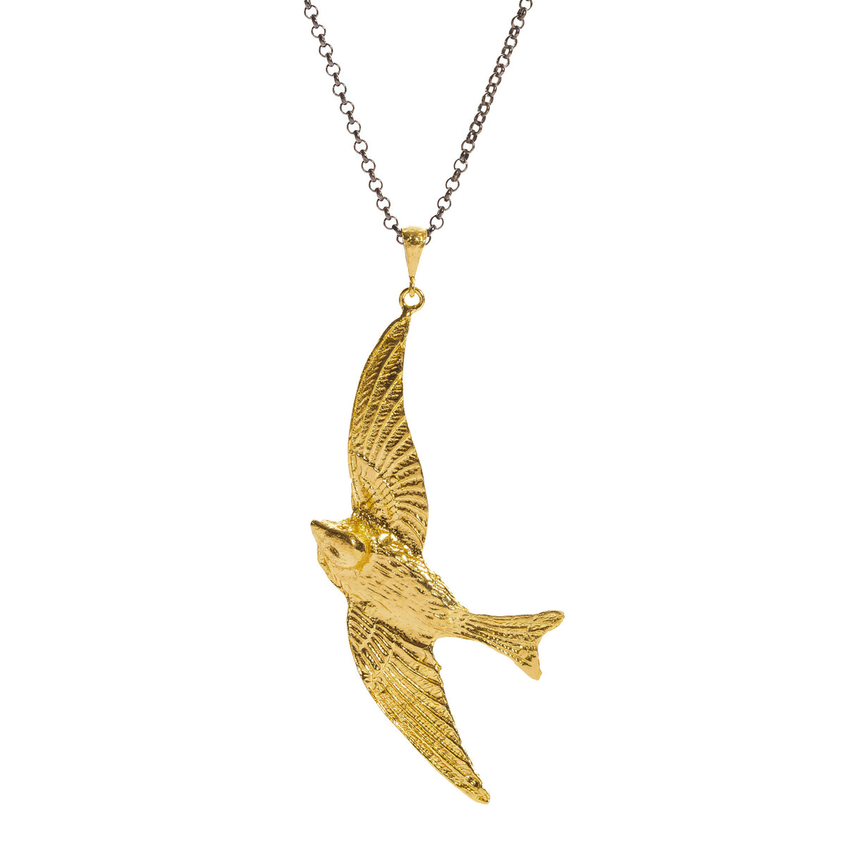 Free Spirit Sparrow Gold Pendant Two Tone Necklace, full view of the gold sparrow pendant and darkened silver chain