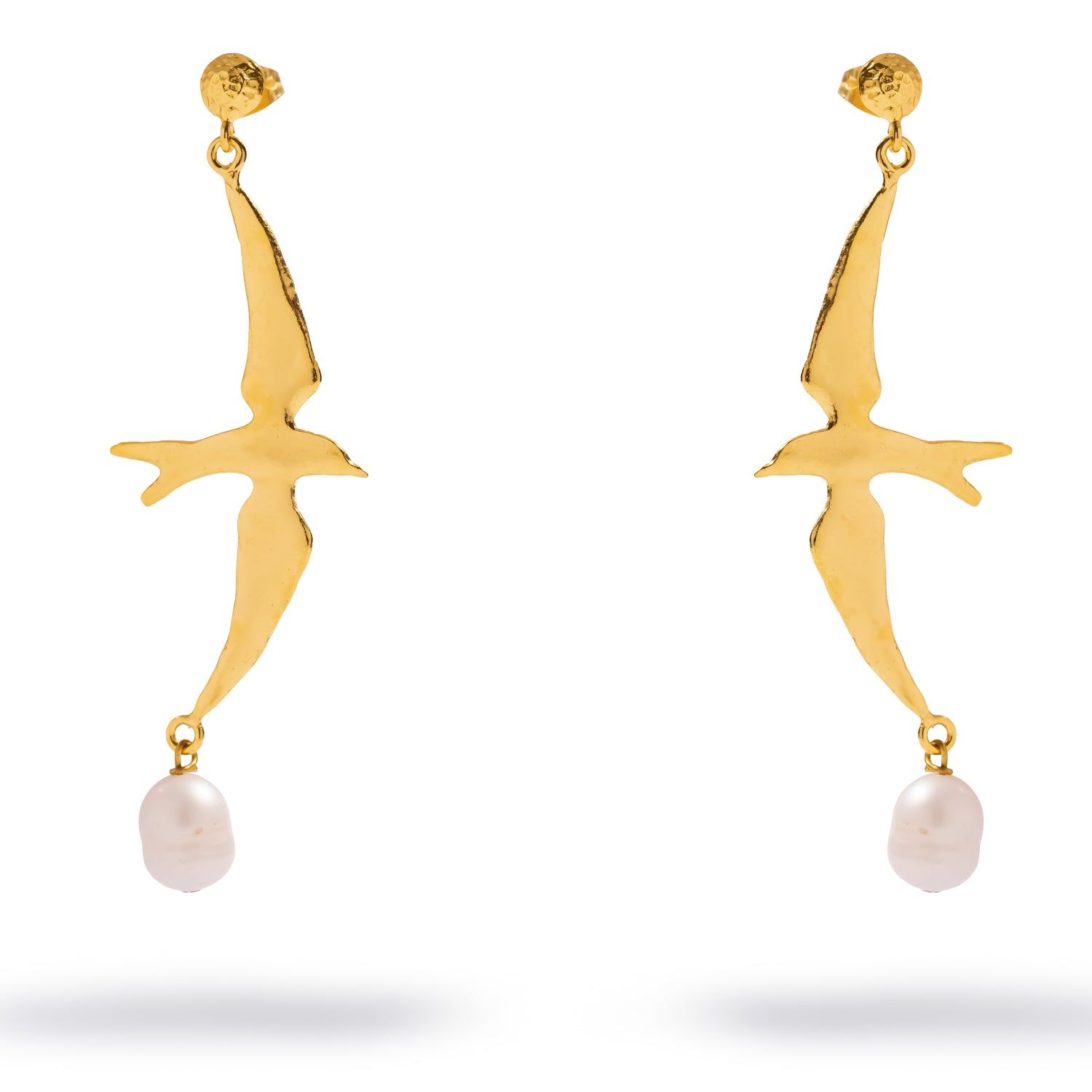 Free Spirit Sparrow Pearl Gold Drop Earrings, pair shown front on with hammered gold disc studs, gold sparrows and freshwater pearl drops