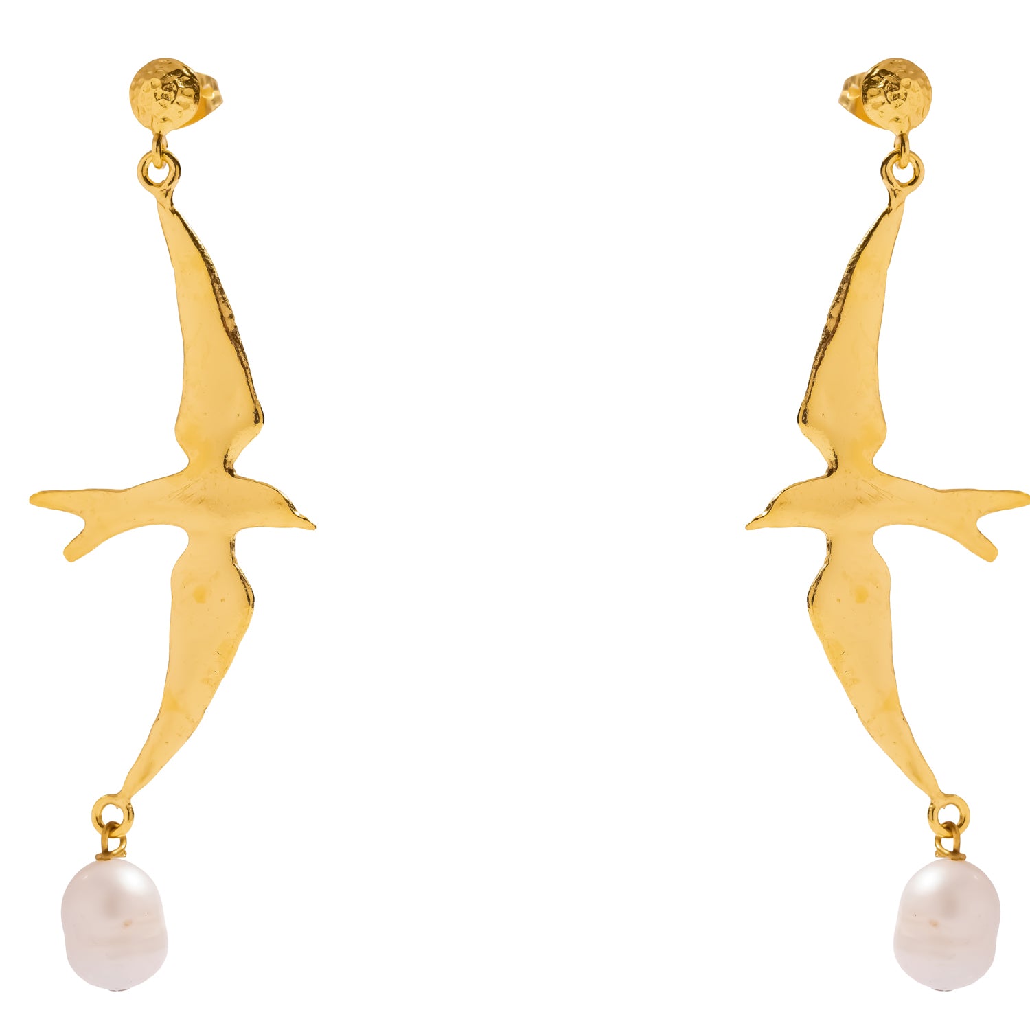 Close view of the Free Spirit Sparrow Pearl Gold Drop Earrings showing the hammered gold disc, sparrow charm and freshwater pearl