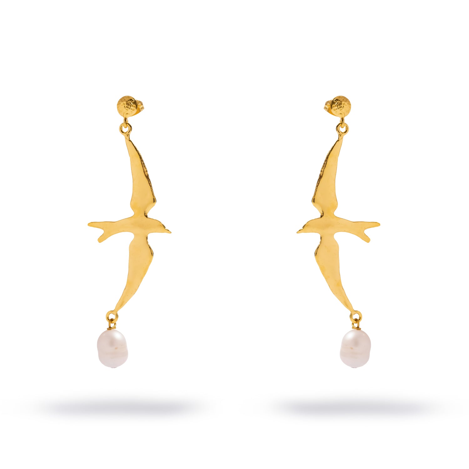 Free Spirit Sparrow Pearl Gold Drop Earrings pair, full length from the hammered disc stud to the pearl drop