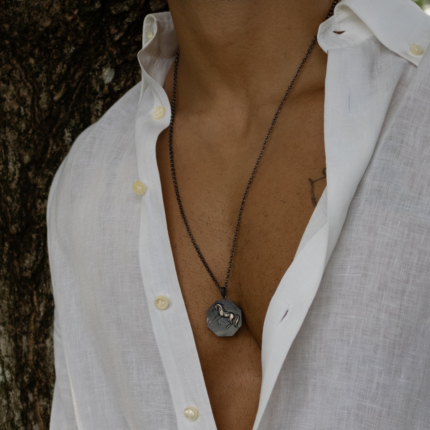 Sterling silver necklace with octagonal horse medallion pendant, rhodium finish, bold masculine style symbolizing freedom and strength.
