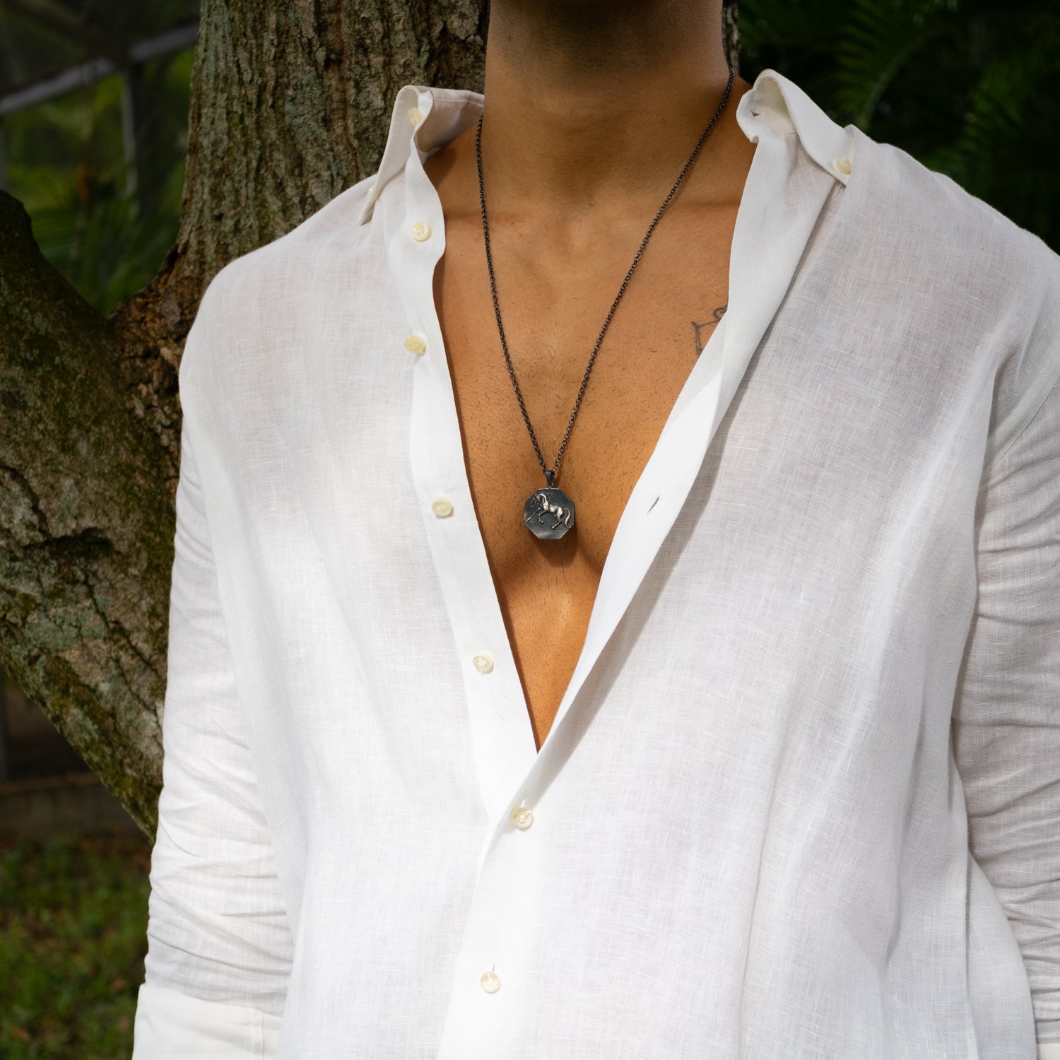 Sterling silver necklace with octagon horse medallion pendant, rhodium finish, bold masculine style, symbolizing freedom and strength.