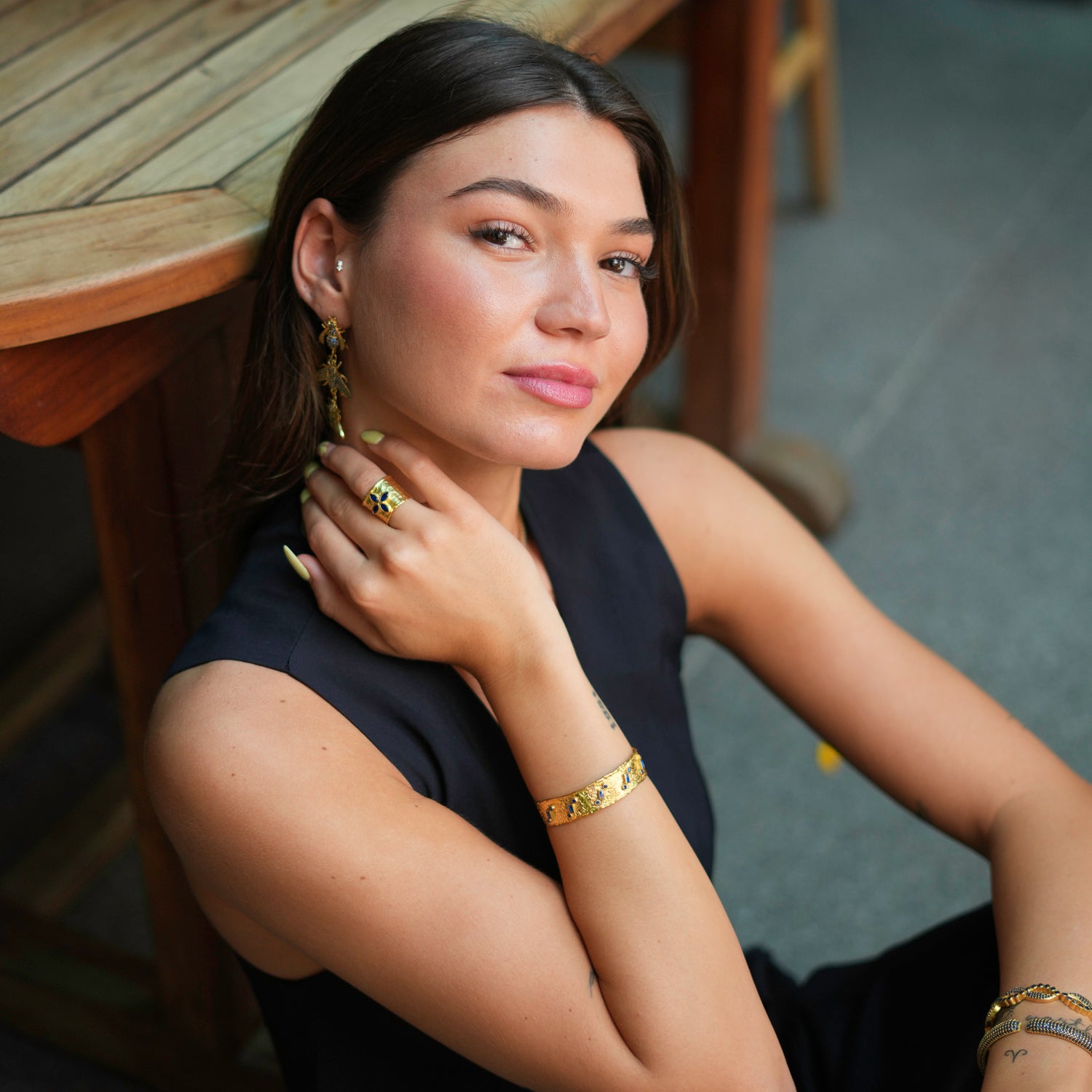 24K Gold-Plated Sapphire Cuff Bracelet with Geometric Design for a Bold, Sophisticated Look
