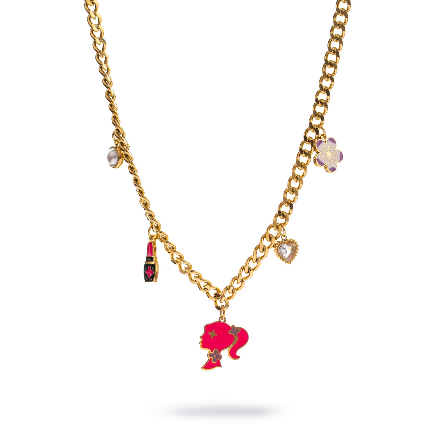 Gold charm necklace with enamel lipstick, heart, silhouette, pearl, and flower charms