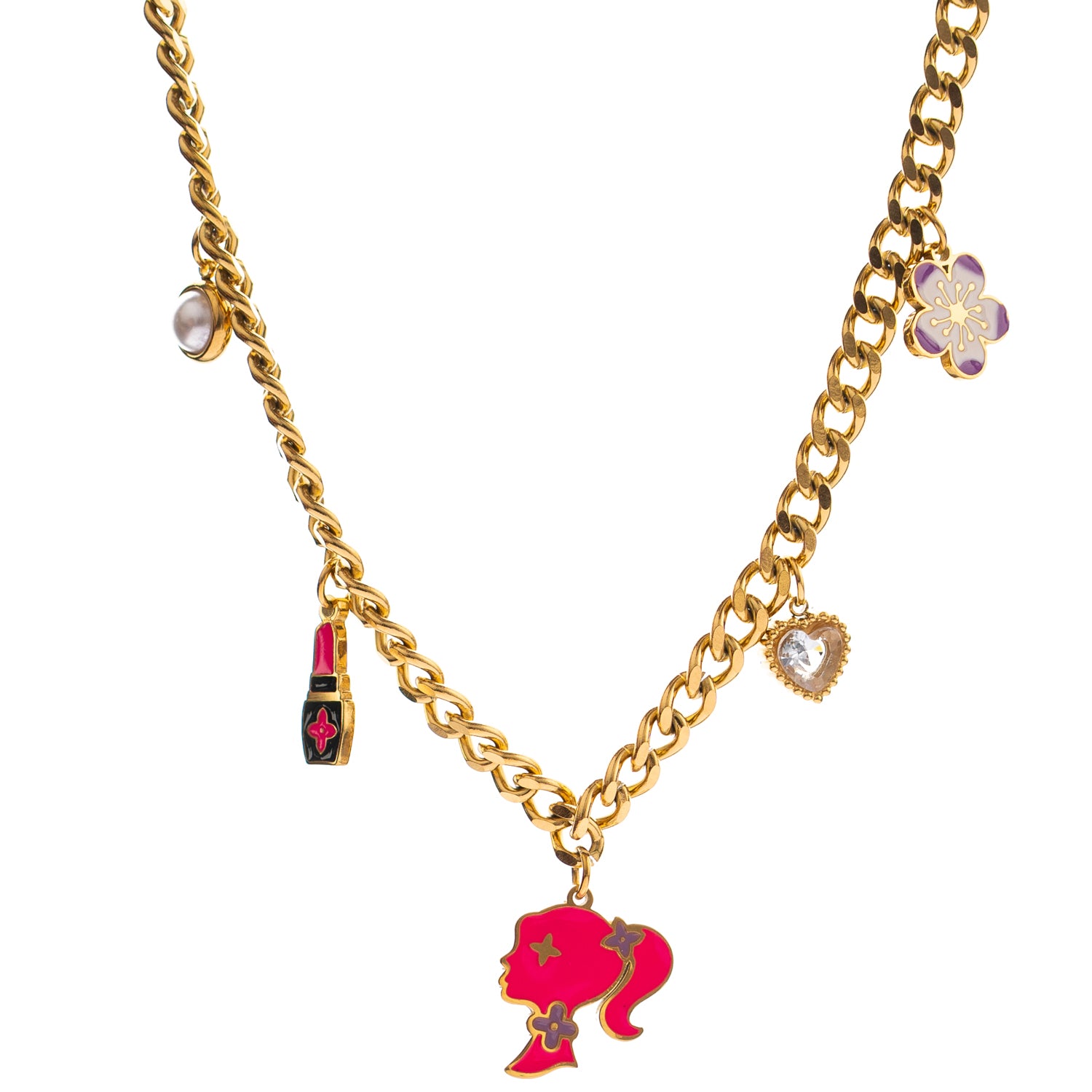 Playful charm necklace with gold chain and enamel beauty-themed pendants