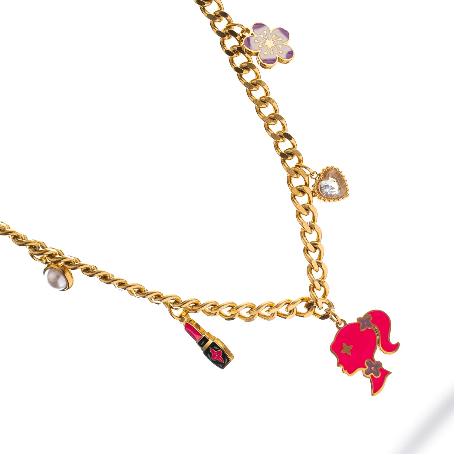 Enamel charm necklace with lipstick, pearl, and flower details for trendy looks